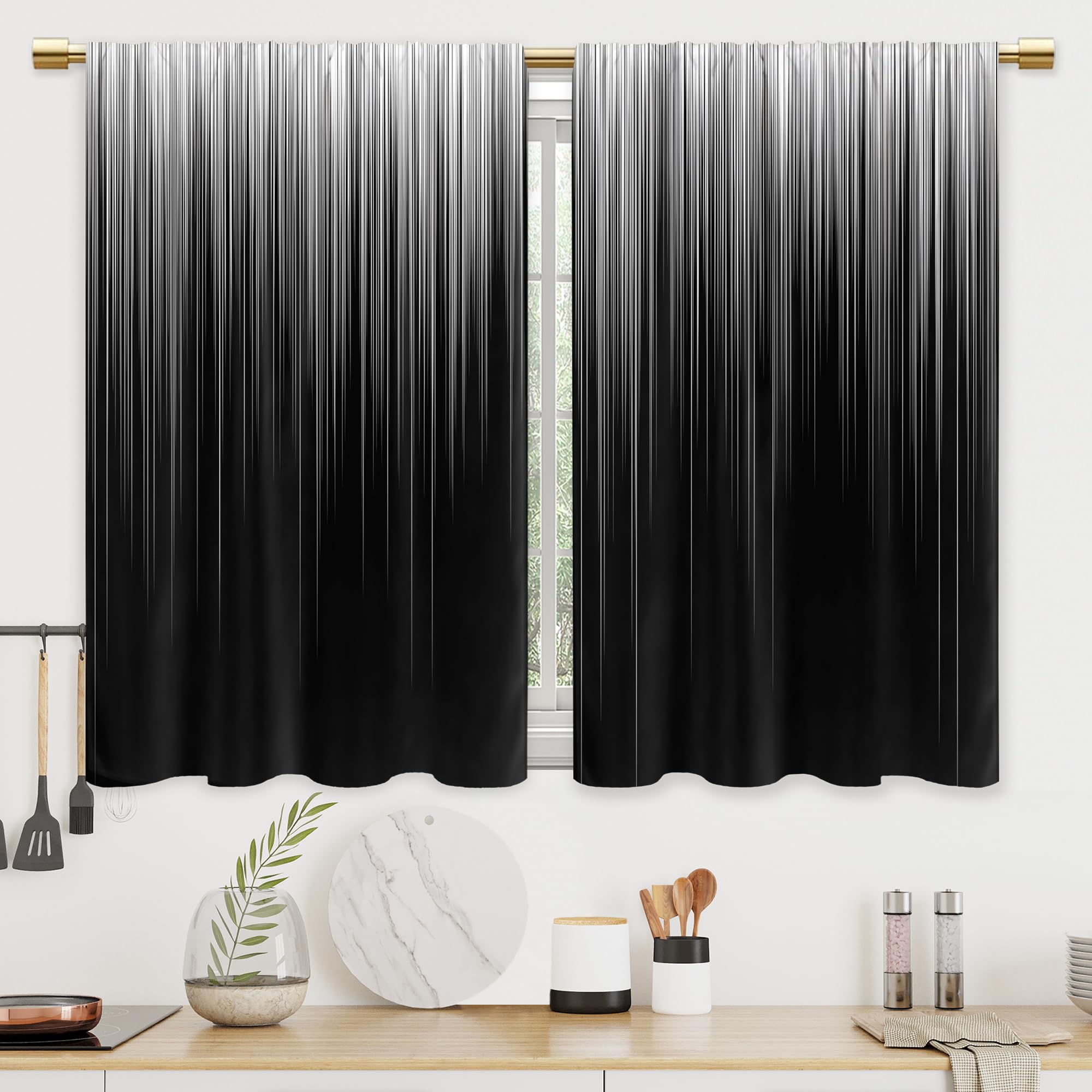 CINEKER Black and White Kitchen Curtains Modern Ombre Mens Bathroom Curtains Window Treatment Drapes Tier Abstract Aesthetic Cafe Small Bedroom Short