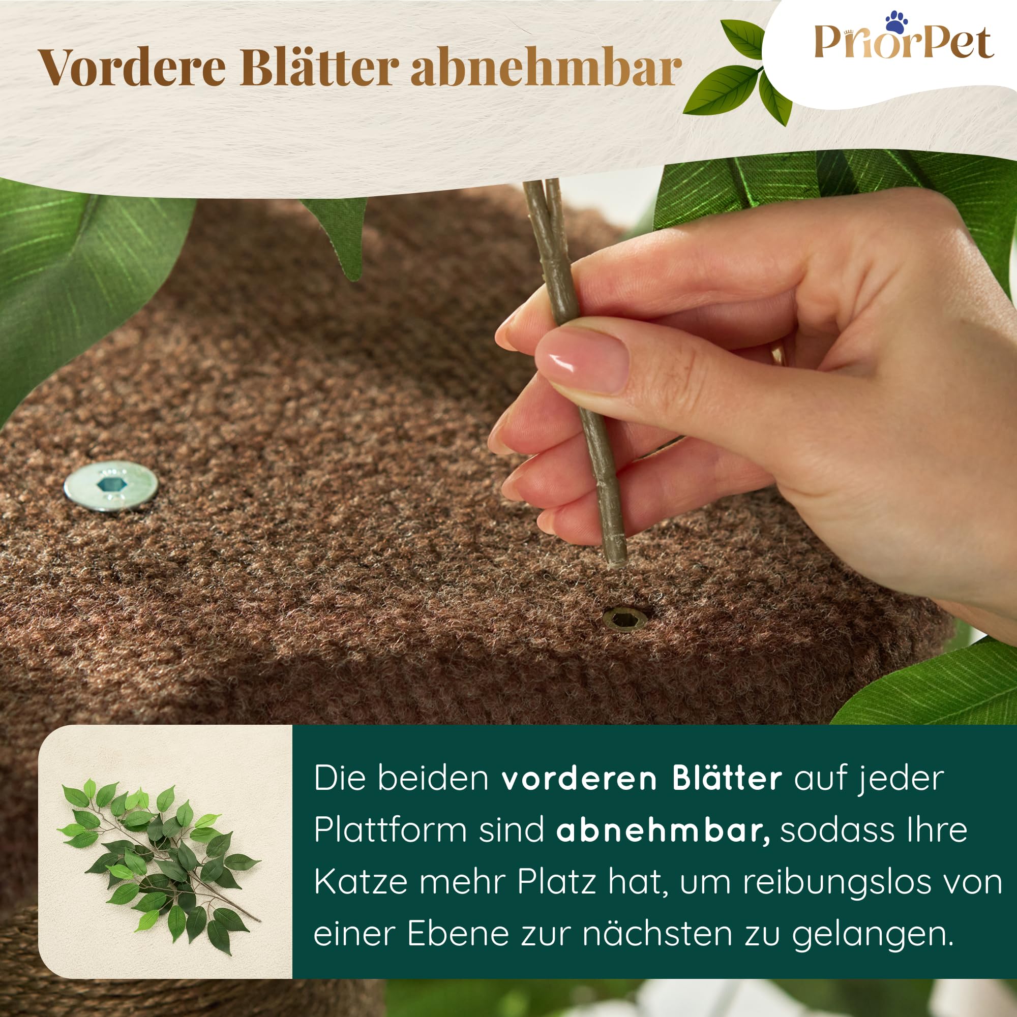 Kratzbaum mit Blättern – Stabiler & Platzsparender Katzenbaum – 4 kratzbare Ebenen & 3 Kratzsäulen – Klettern, Verstecken, Schlafen – Einfache Montage – Haustiersicherer & Langlebiger Cat Tree Natur