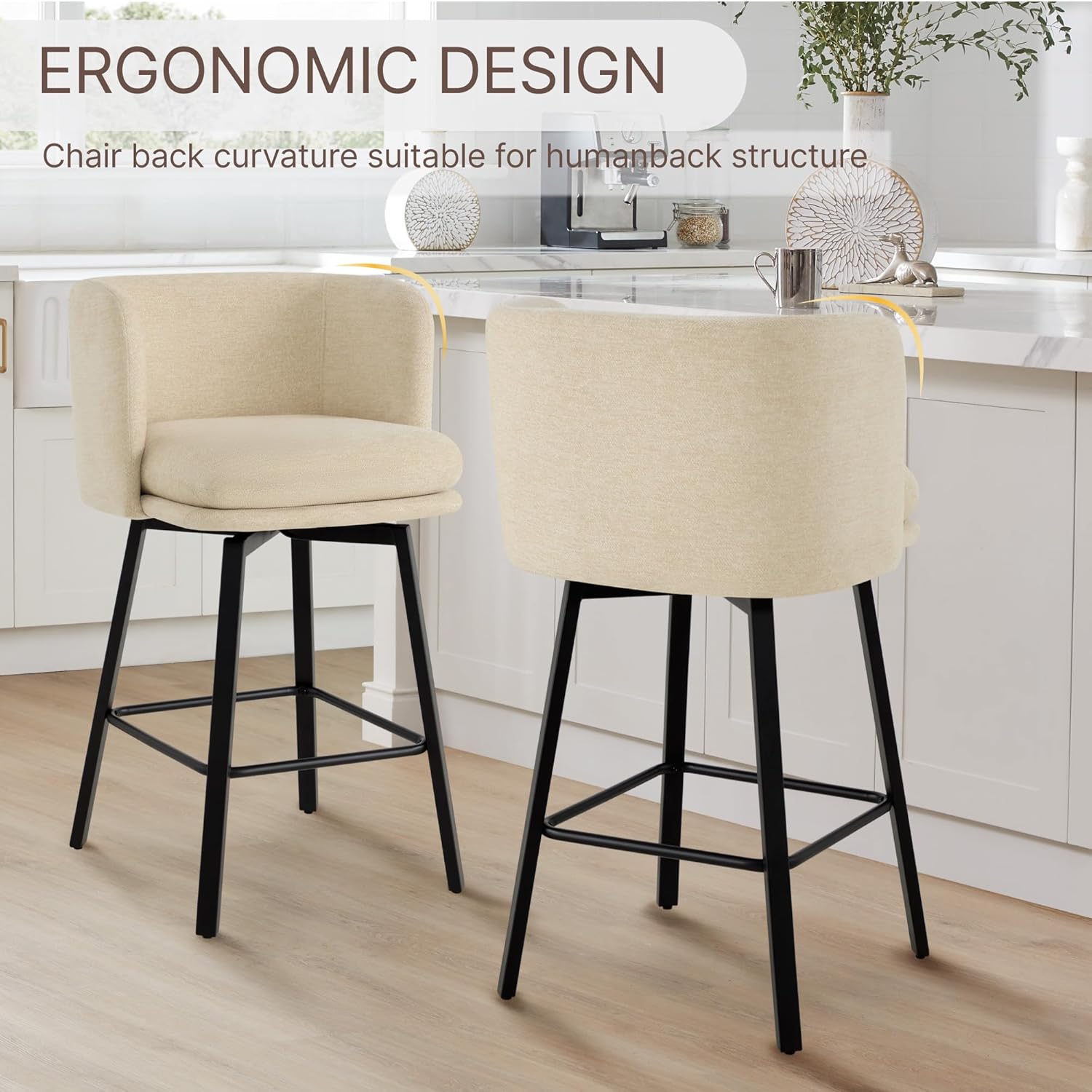 26" H Counter Height Swivel Bar Stools Set of 4, Barrel Counter Stools with Backrest, Linen Fabric Upholstered Barstools with Metal Legs for Kitchen Island,Sand