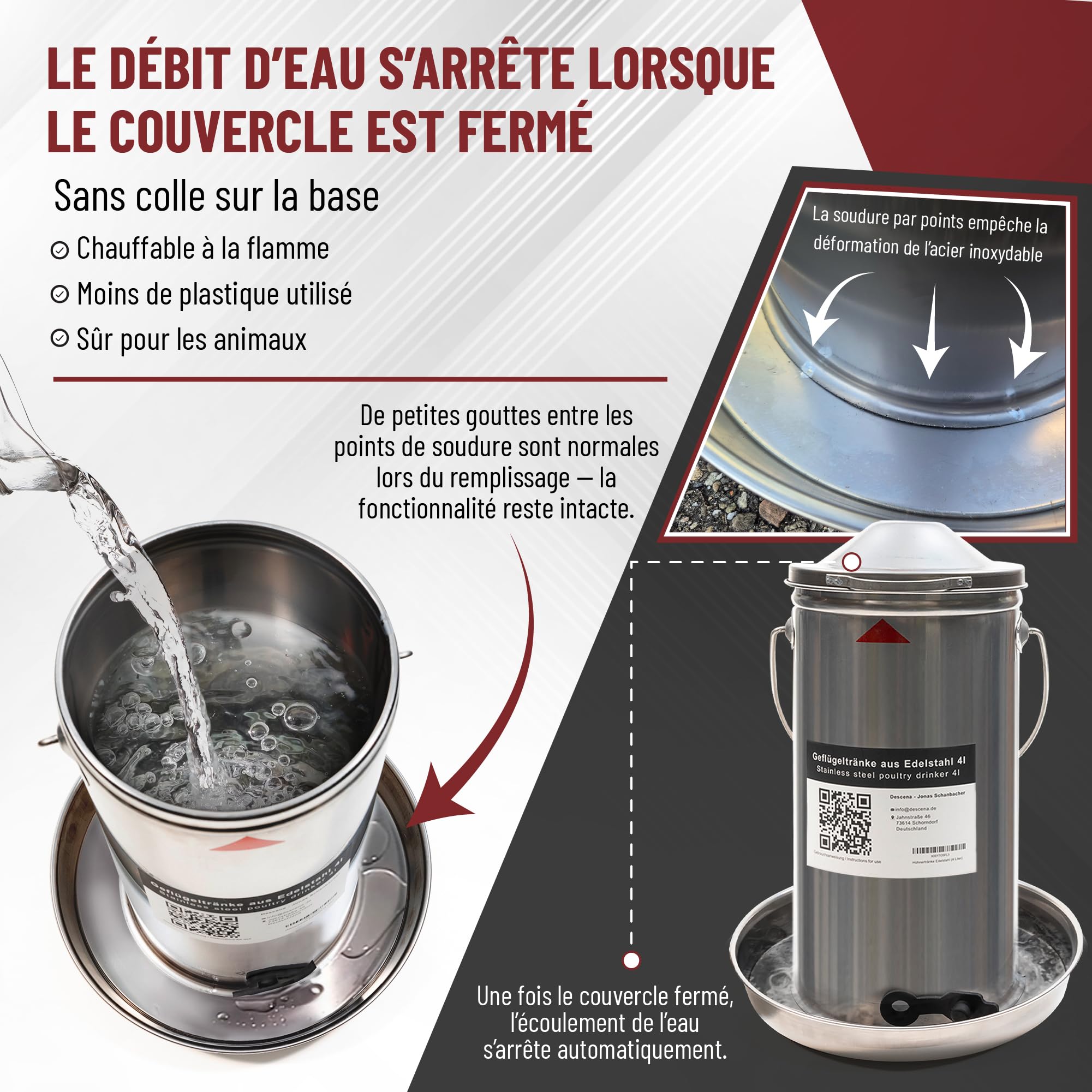 Descena Abreuvoir Poules 4L INOX – Remplissage par Le Haut | Acier inoxydable 304 (V2A), régulation automatique de l'eau, compatible lave-vaisselle et chauffe-abreuvoirs