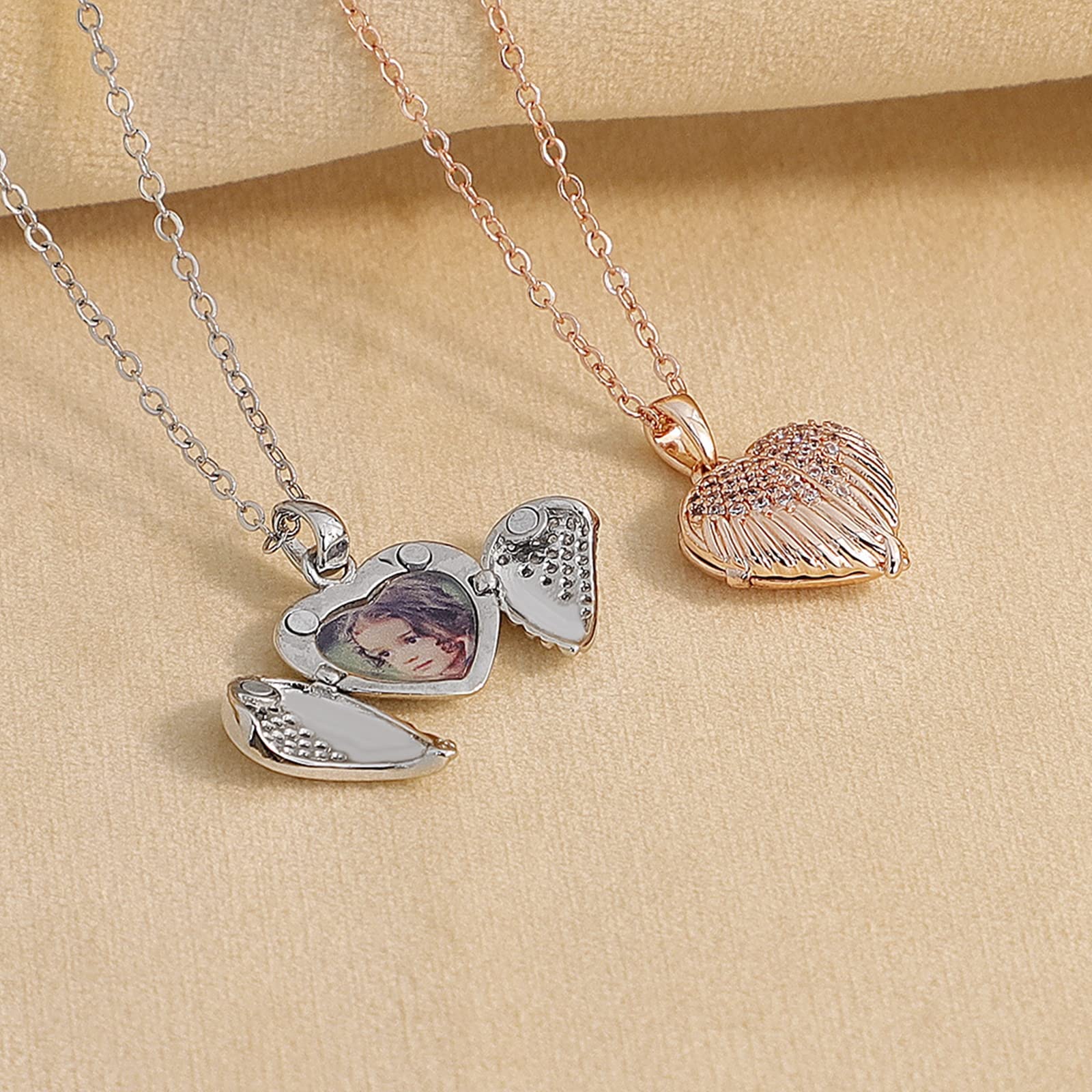 AMDXD Pendentif photo personnalisé en acier inoxydable argenté/doré/or rose - Médaillon en forme de cœur et d'ailes pour homme et femme avec boîte cadeau pour bien-aimé