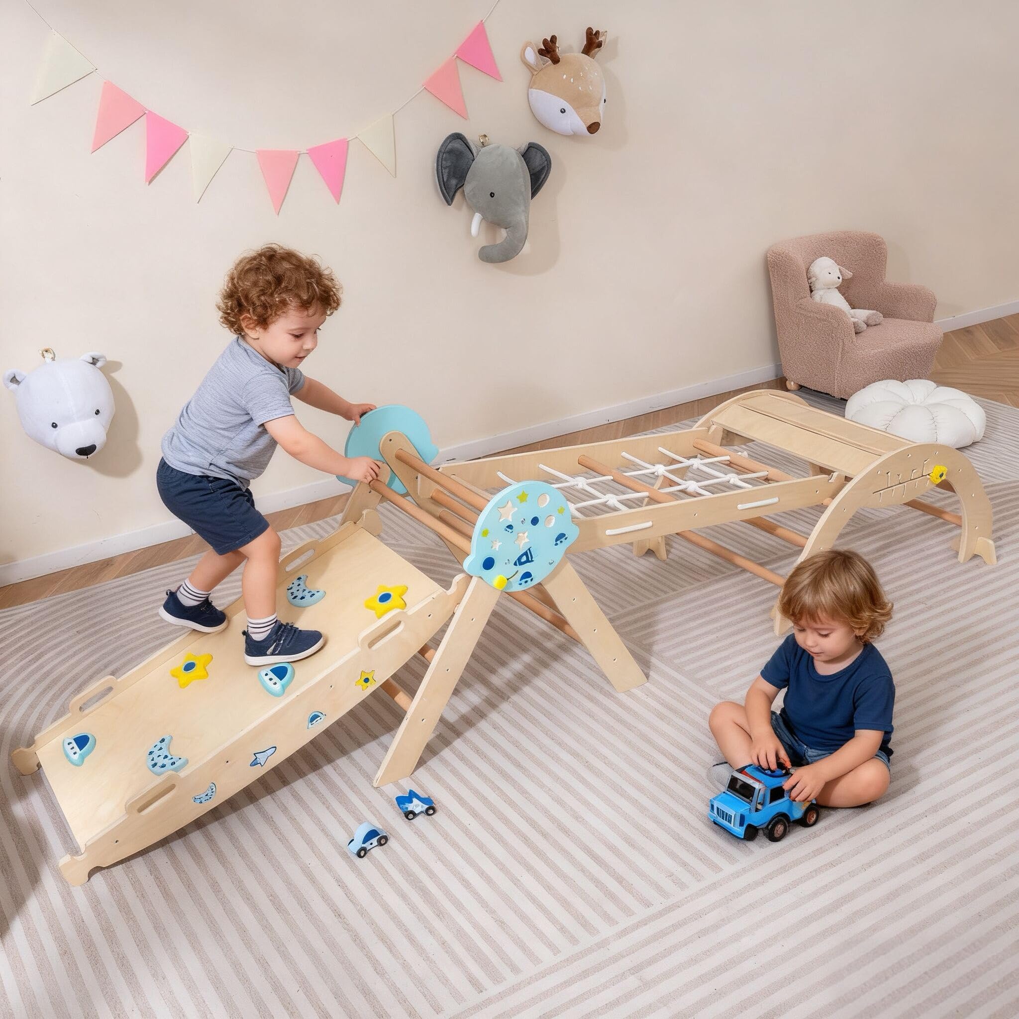DREAMADE 9 en 1Triangle d'escalade Montessori en Bois Astronaute, Filet, Arche d’Escalade Pliable Éducative pour Enfants, Aire de Jeux Bébé pour Salon, Chambre, Maternelle (Naturel)