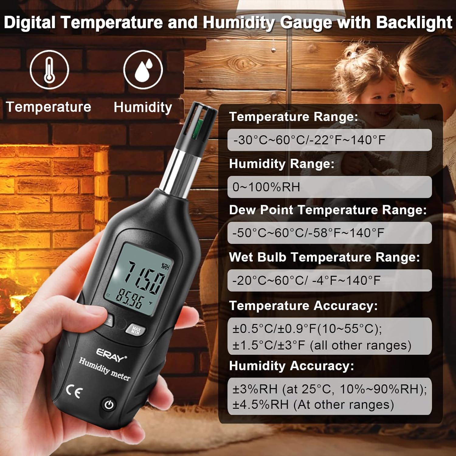 ERAY Digital Psychrometer Thermometer Hygrometer with Backlight, Temperature and Humidity Reader Meter Thermo-Hygrometer with Dew Point and Wet Bulb Temperature, 9V Battery Included(Black)