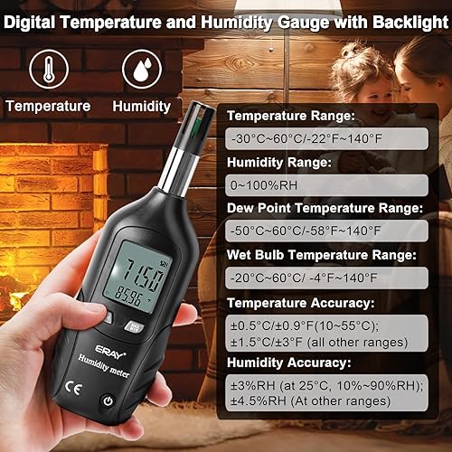 Miniatura 2 de ERAY Termómetro psicómetro digital higrómetro con luz de fondo, medidor de lectura de temperatura y humedad, termohigrómetro con punto de rocío