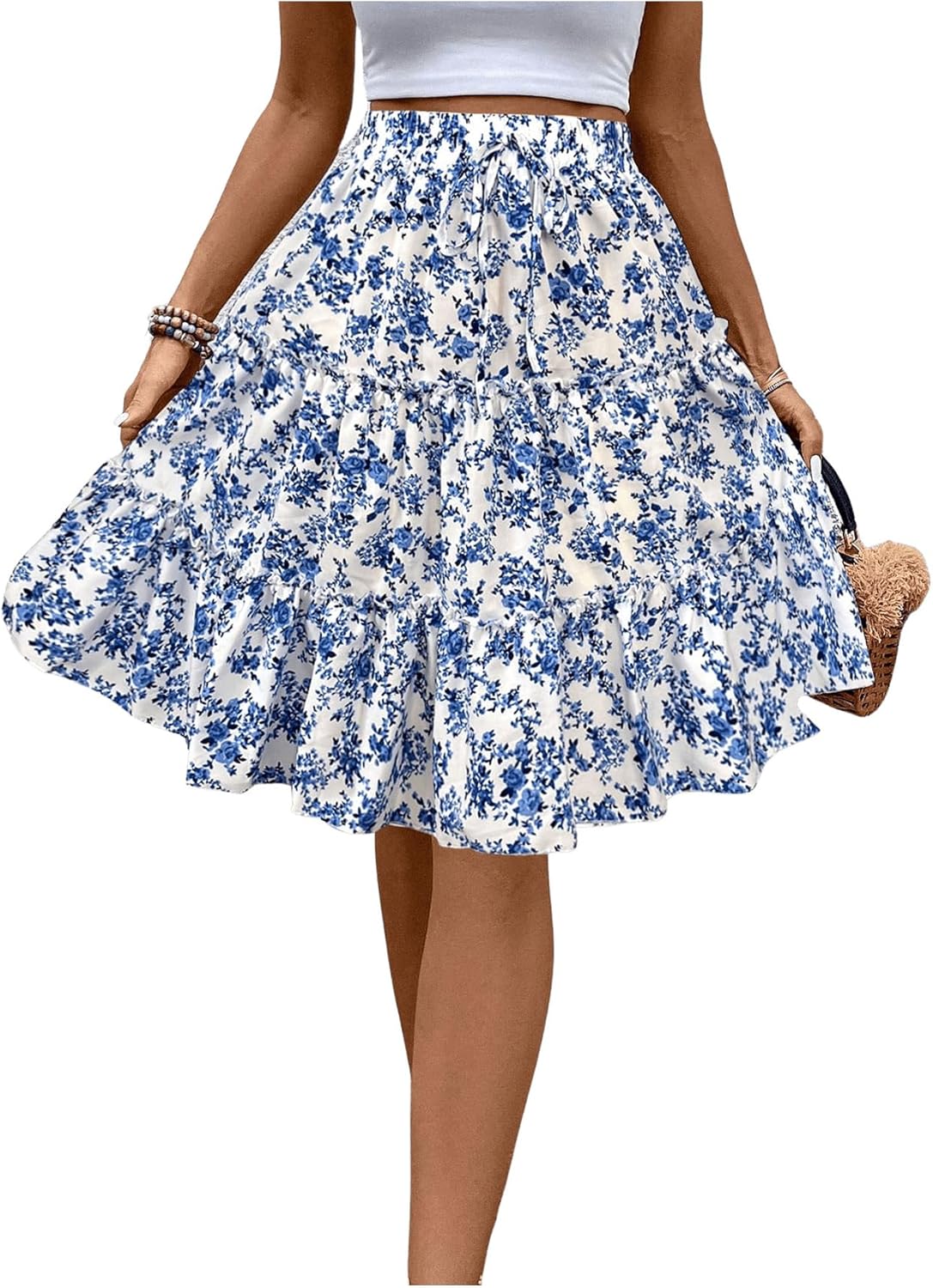 WDIRARA Women’s Floral Print Ruffle Hem Elastic High Waist Tie Front Skirt