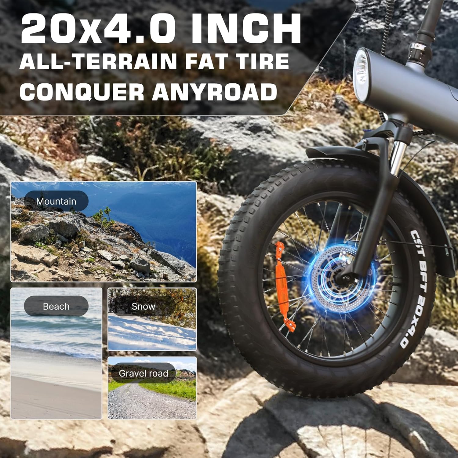 HX Q3 Electric Bike's 20x4.0 inch all-terrain fat tire with insets showing mountain, beach, snow, and gravel road