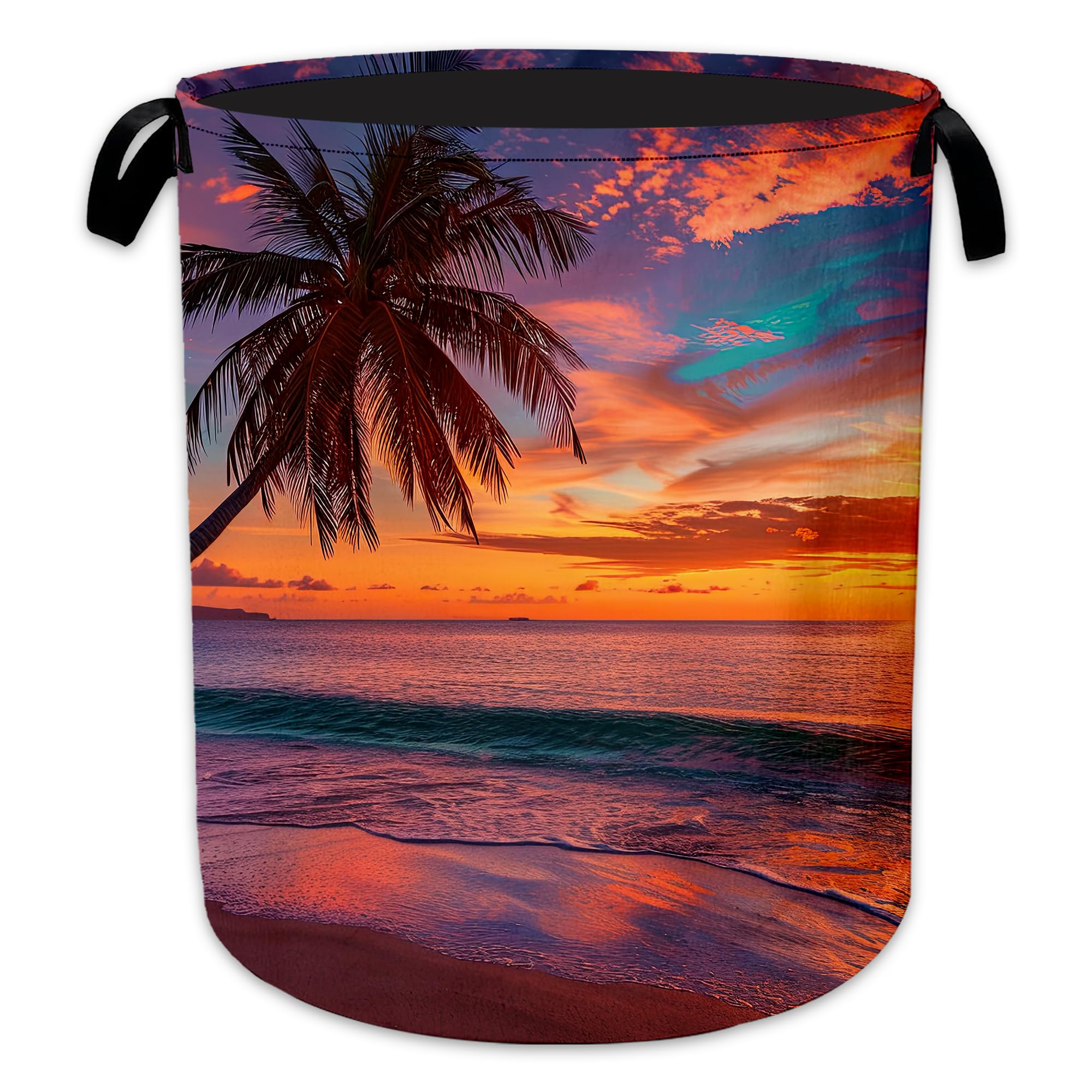 Laundry Hamper, Tropical Beach Collapsible Sunset Palm Laundry Baskets Waterproof Oxford Cloth With Handles, Clothes Storage Bucket For Bathroom/Bedroom 16" x 20.8"