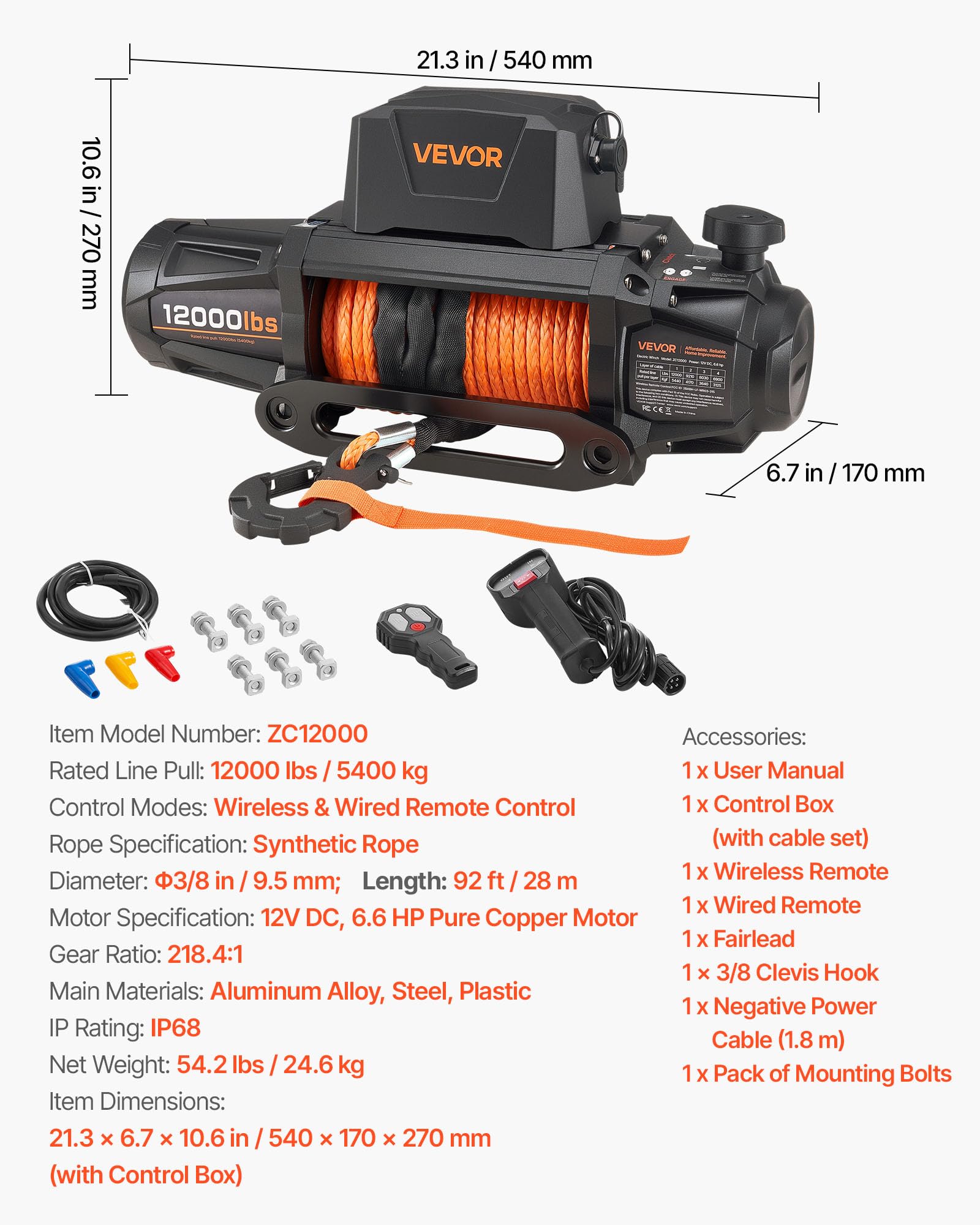 VEVOR Verricello Elettrico, Capacità di 5400 kg, Verricello per Camion da 12 V CC con Corda Sintetica Φ9,5 mm x 28 m, Telecomando Wireless e Cablato, IP68 per il Traino di SUV, Jeep, Rimorchi