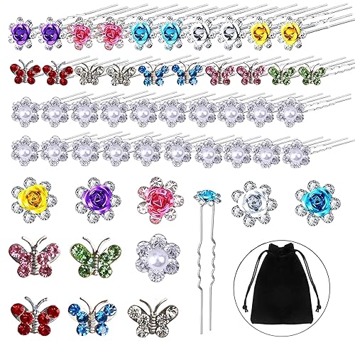 40 horquillas para el cabello con diamantes de imitación para mujeres y niñas, accesorios de novia, en forma de U, coloridas flores de rosas,