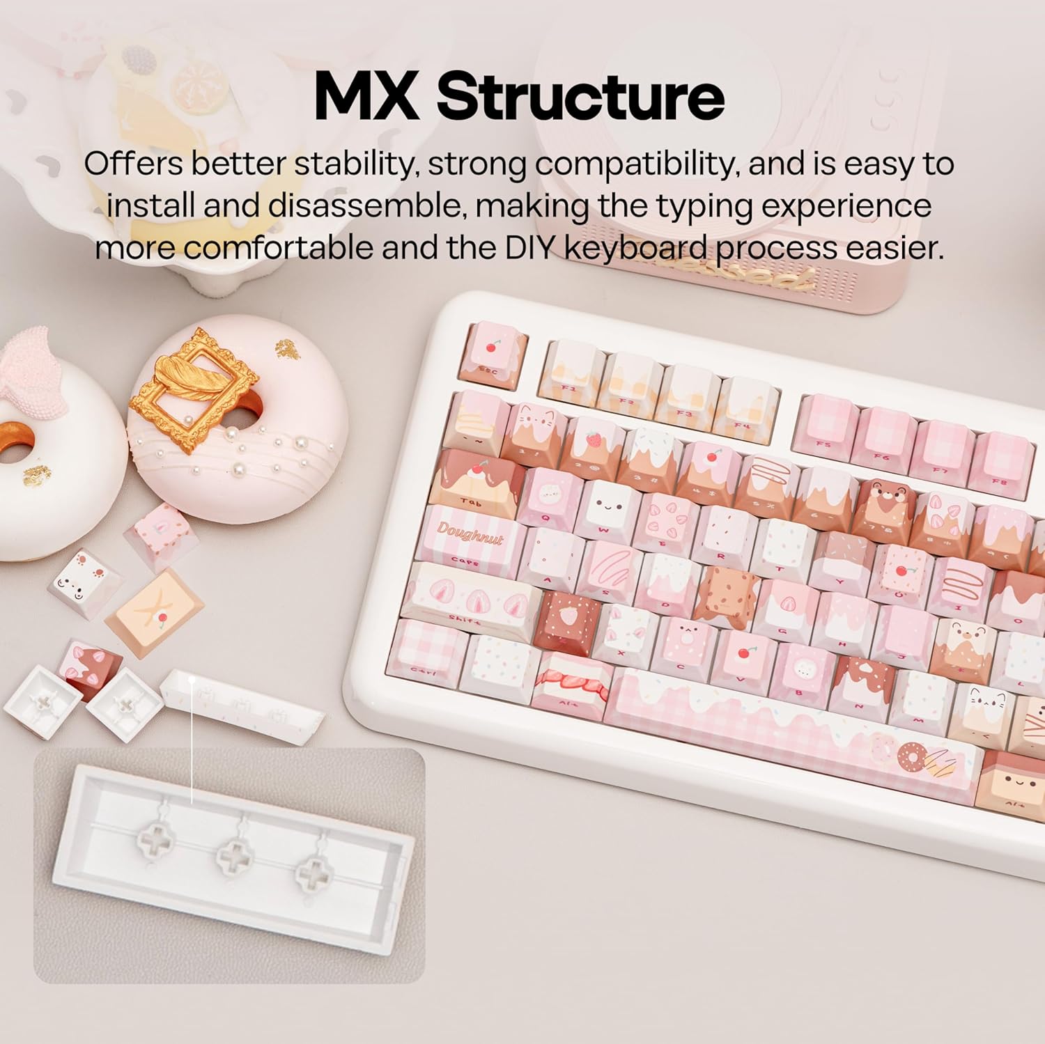 KiiBOOM Dough Fluff Keycap Set, 144/143 Keys, MOA/Cherry Profile PBT Keycaps for Mechanical Keyboard, Compatible with ANSI/ISO, 60%, 65%, 75%, TKL, Full-Sized Layout (Pink & Brown, Cherry Profile)