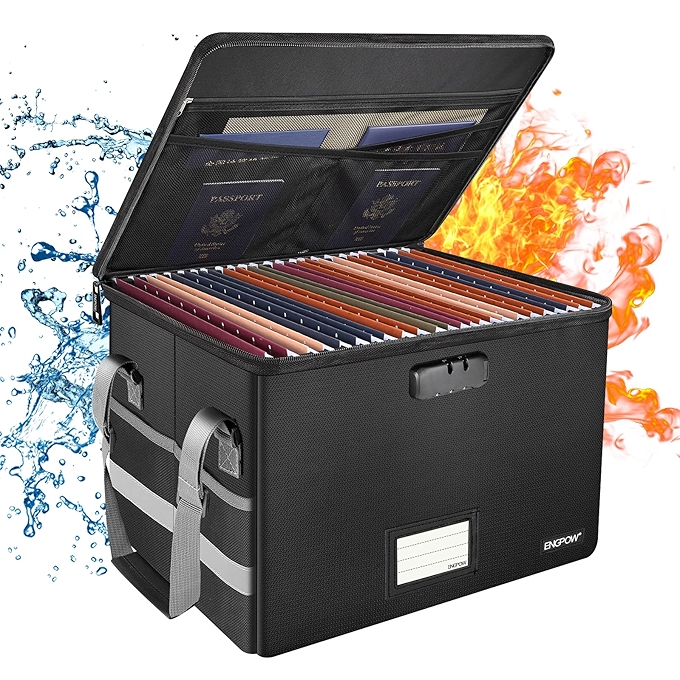 防火锁文件盒，ENGPOW可折叠文件存储整理箱，便携式家用办公安全盒