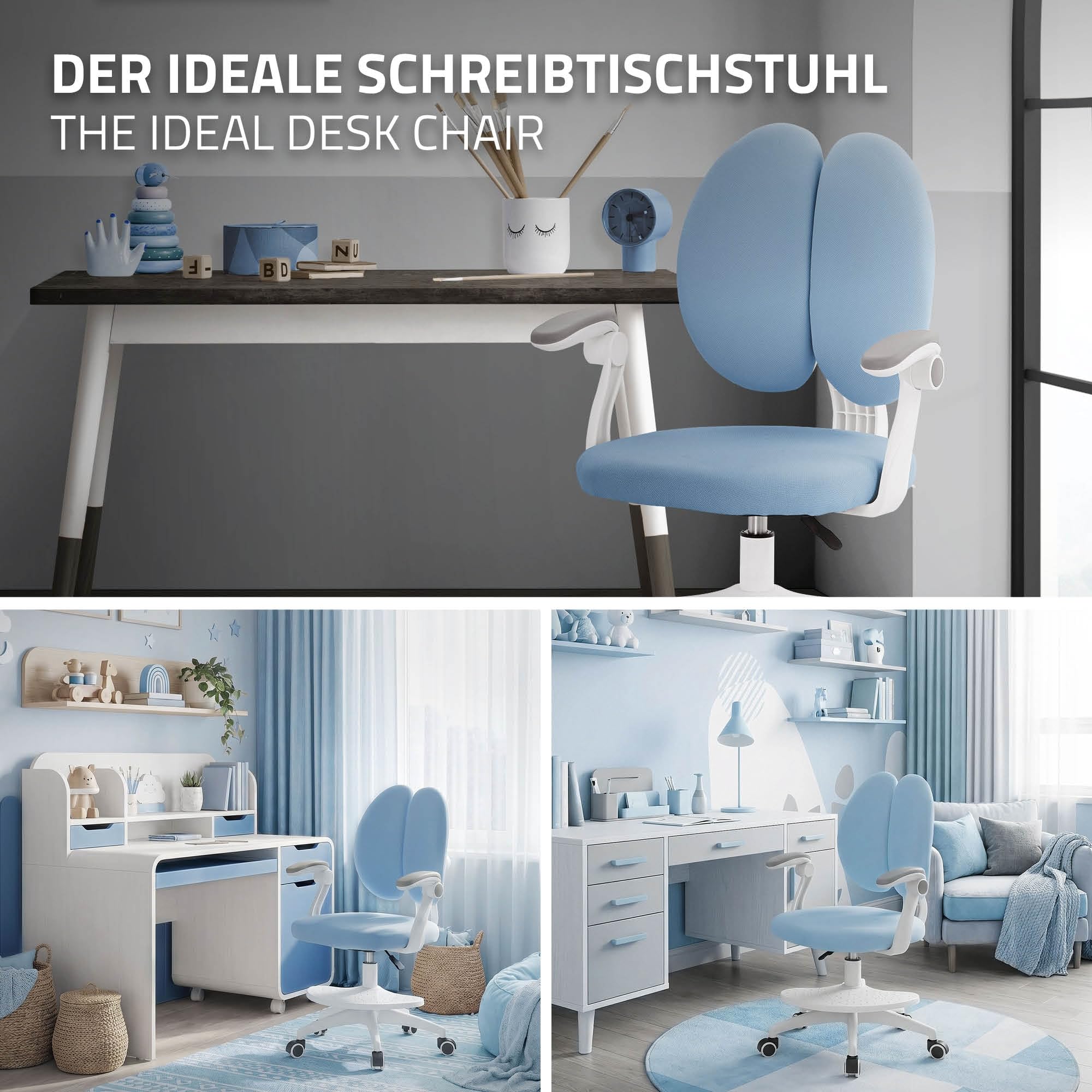 ML-Design Chaise de Bureau pour Enfant, 95-107 cm Bleu avec Dossier Divisé et Repose-Pieds, Fauteuil d'Étude Ergonomique Pivotant à 360°, Hauteur Réglable, Accoudoirs Rabattables, Tissu Respirant