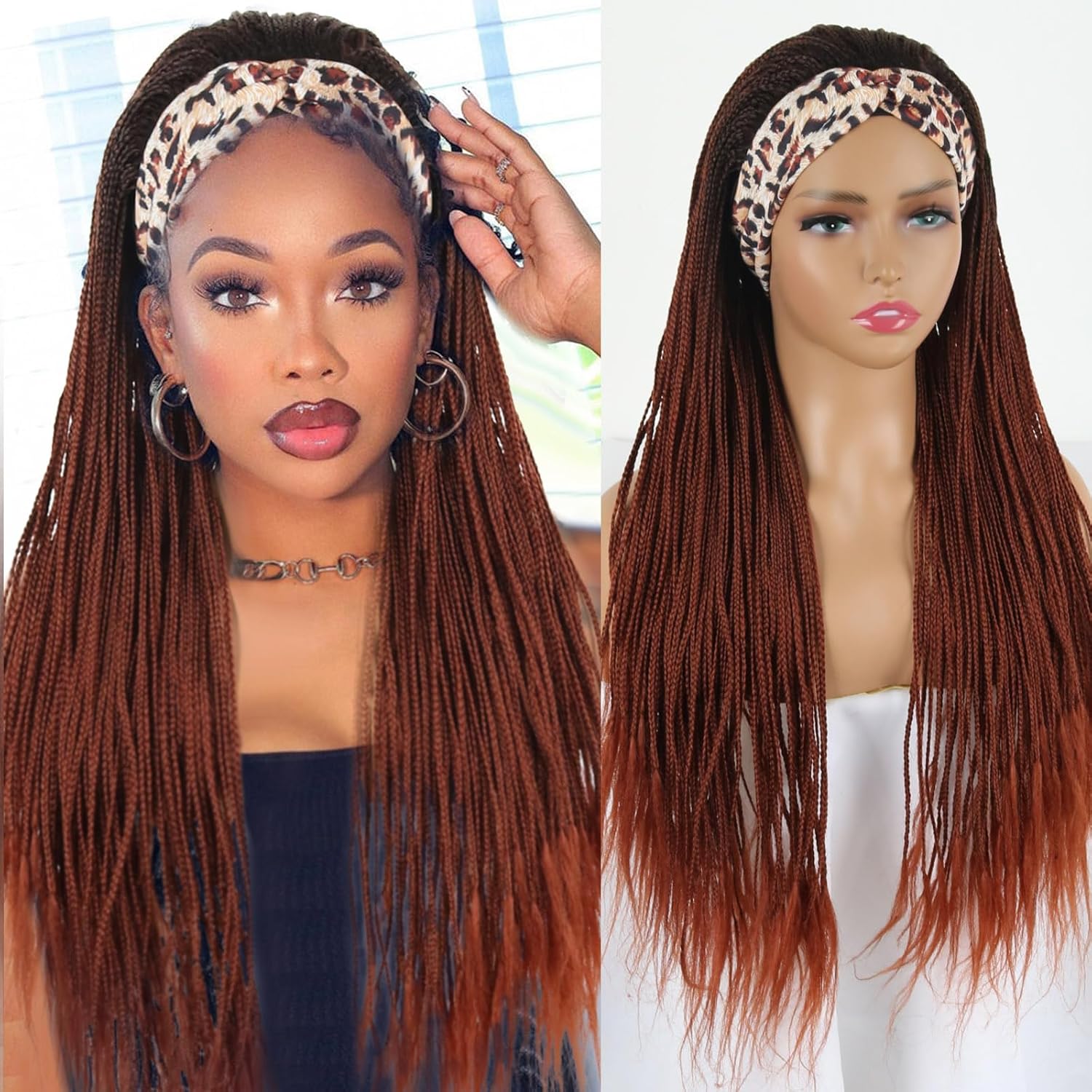 Burgundy Braided Wigs with Headband Attached Ombre Red