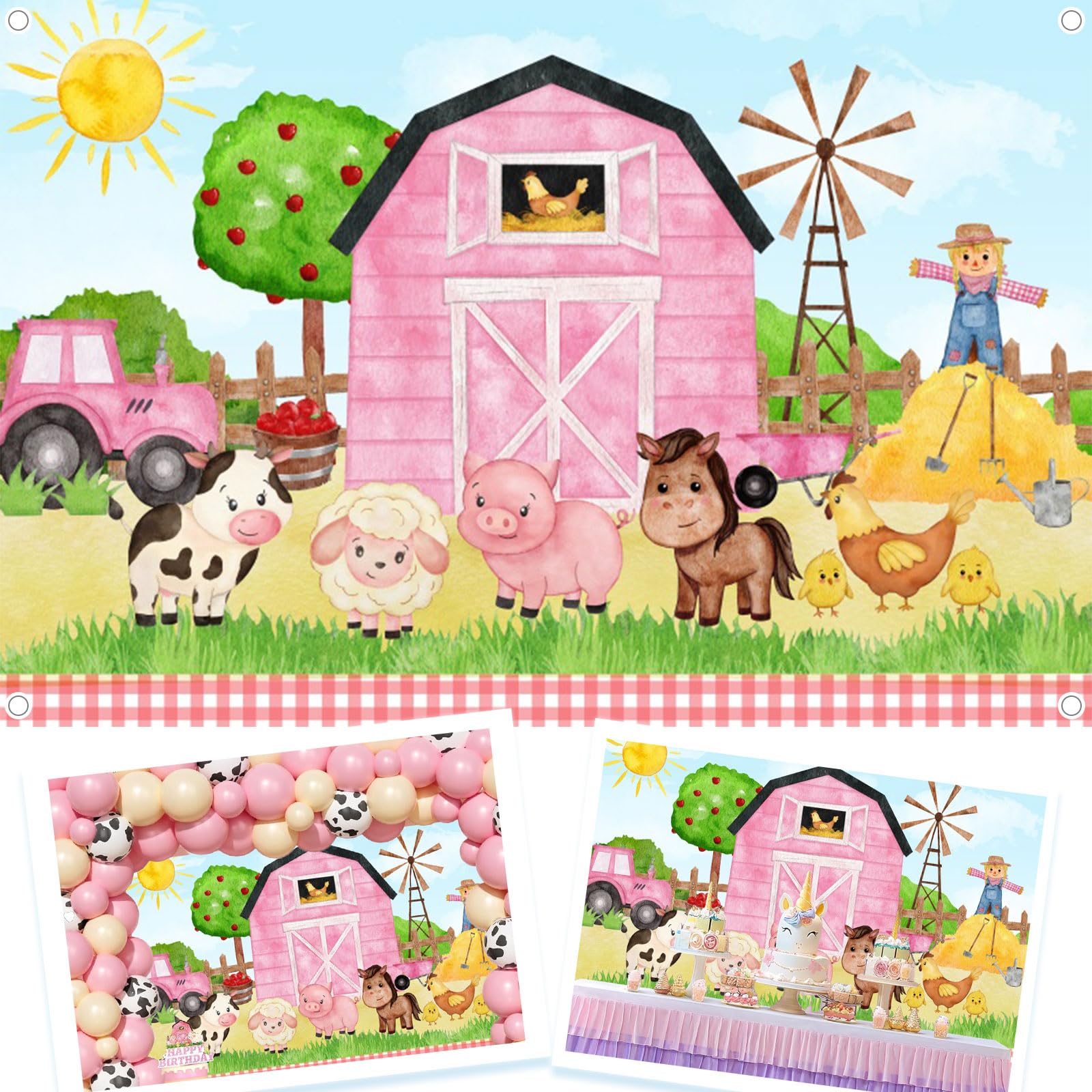 10x8ft Fabric Farm Barn Backdrop Banner Pink Barn Door Farmhouse Truck Animals Theme Girls Birthday Baby Shower Party Cake Table Decoration Western