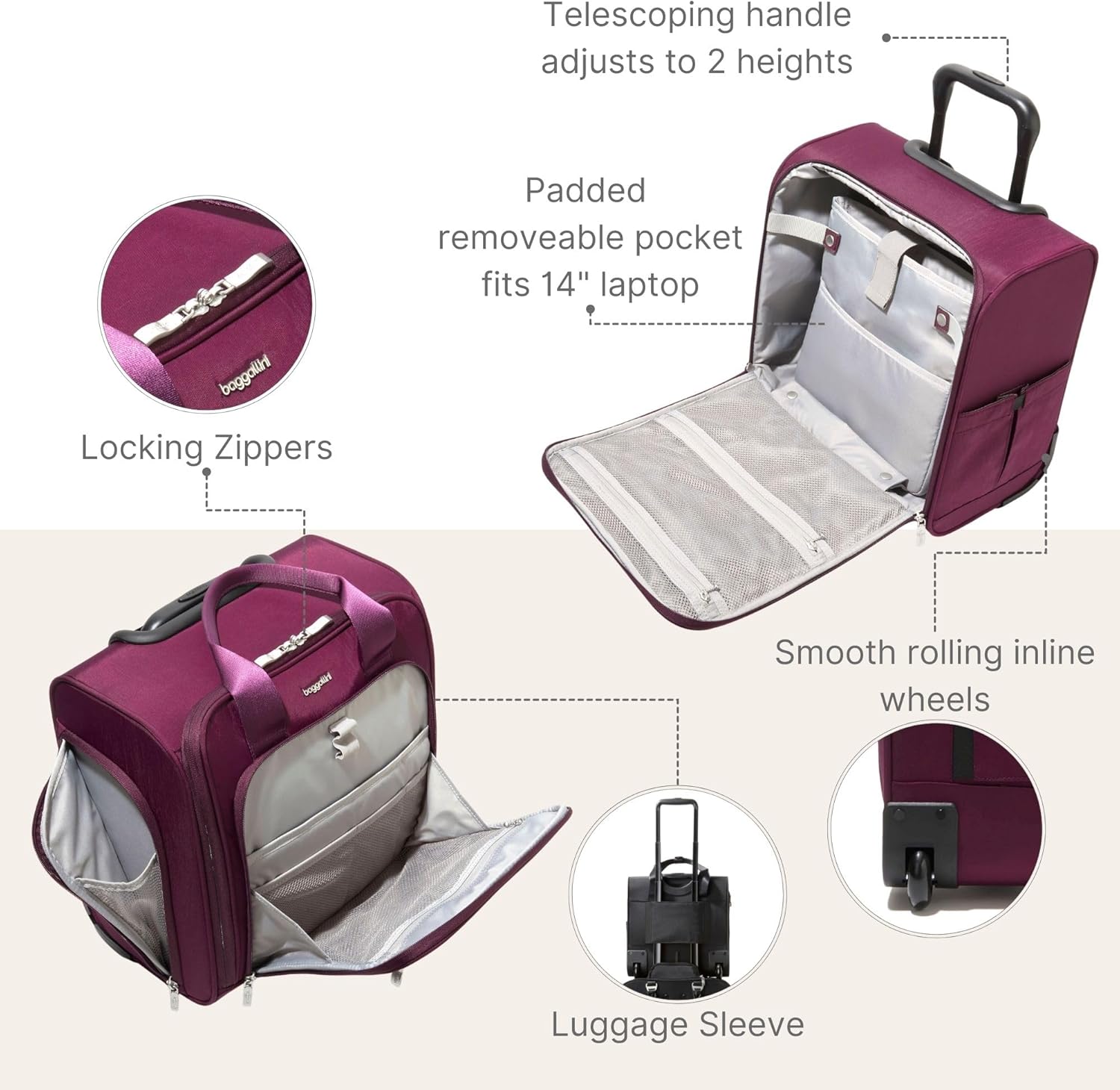 Baggallini 2 Wheel Underseater Carry-On - Lightweight Travel Weekender Luggage