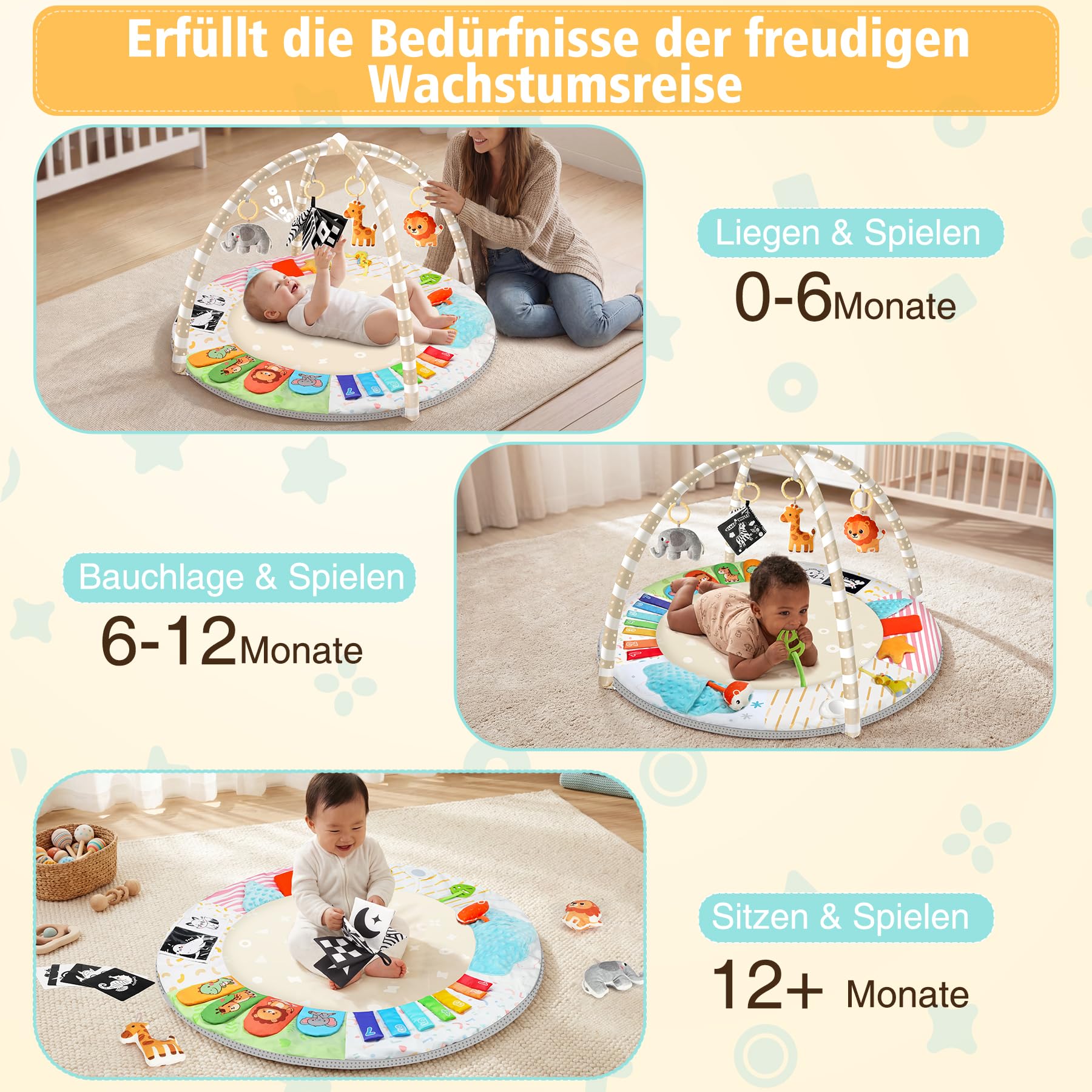 URMYWO Spielbogen Baby– Baby Krabbeldecke mit 5 abnehmbaren Spielzeugen zum Greifen - 6 Entwicklungsregionen – Spieldecke für Babys und Kinder ab 0+ Monaten – Krabbelmatte als Geschenk zur Geburt