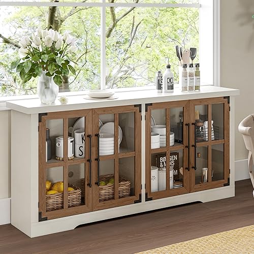 AMERLIFE 63" Buffet Sideboard Cabinet with Storage, Modern Farmhouse Cabinet with 4 Glass Doors & Adjustable Shelf, Wood Buffet Table Cabinet for Kitchen Dining Room Living Room, White