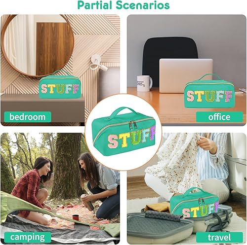 Miniatura 8 de Preppy Stuff - Bolsa de maquillaje, bolsa de aseo de viaje con trébol de piedra, bolsa de maquillaje con letras de chenilla, bolsa de maquillaje