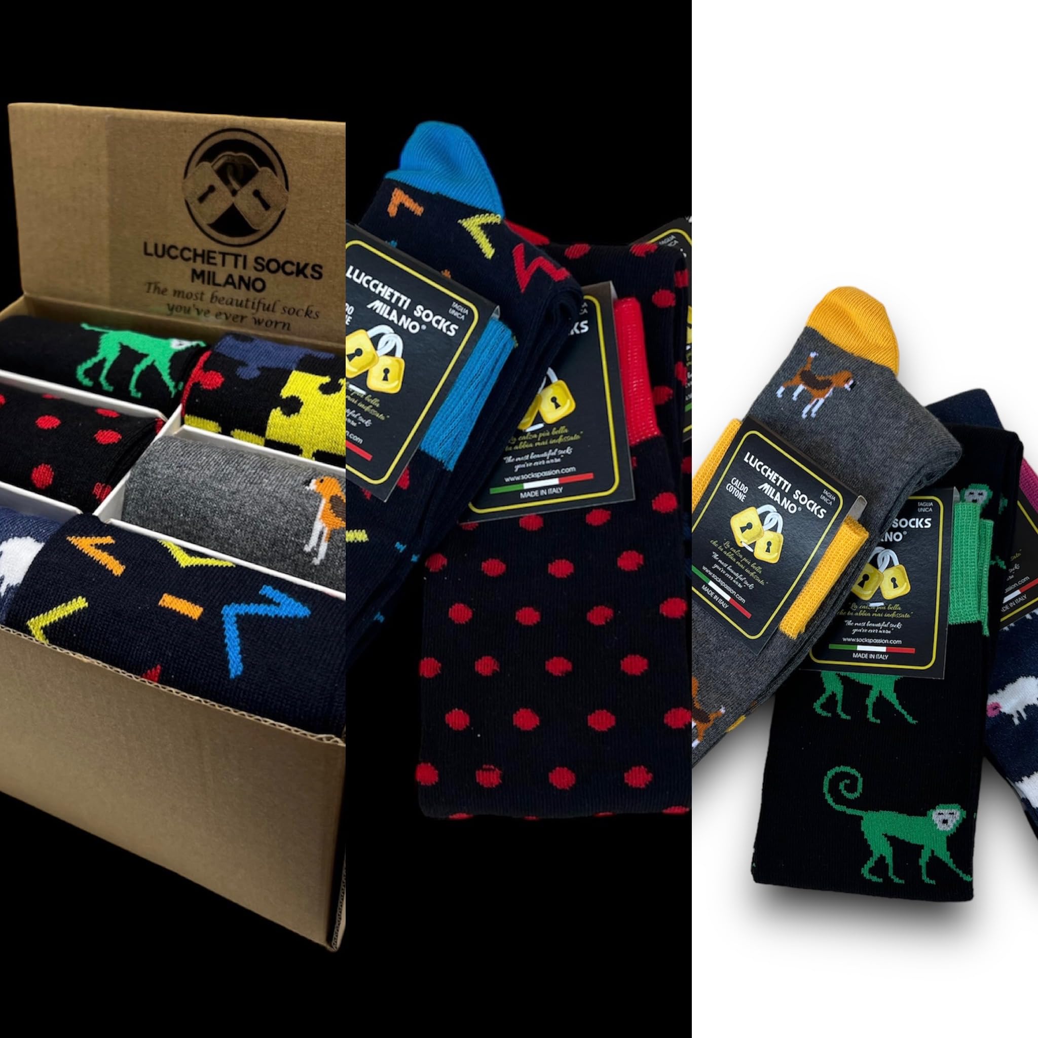 Lucchetti Socks Milano Set mit 6 Paar Herren-Socken, lang, warm, aus Baumwolle, bunt, gepunktet, Muster Fashion, hergestellt in Italien