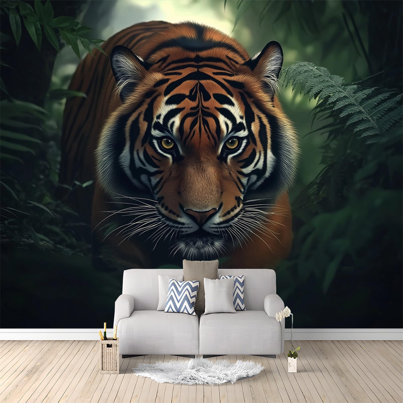 Tapeta fototapeta, efekt 3D, tygrys, dżungla, dekoracja ścienna, salon, sypialnia, biuro, korytarz, tapeta ścienna, tapeta ścienna, dekoracja ścienna, 250 x 175 cm, brązowa, zielona