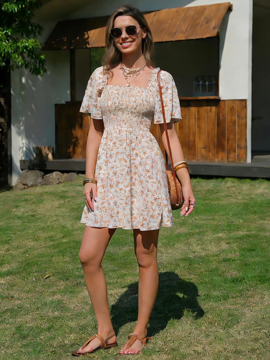 EXLURA Women's 2026 Summer Casual Square Neck Dresses Ruffle Short Sleeve Swiss Dot Flowy Mini Dress - Image 2