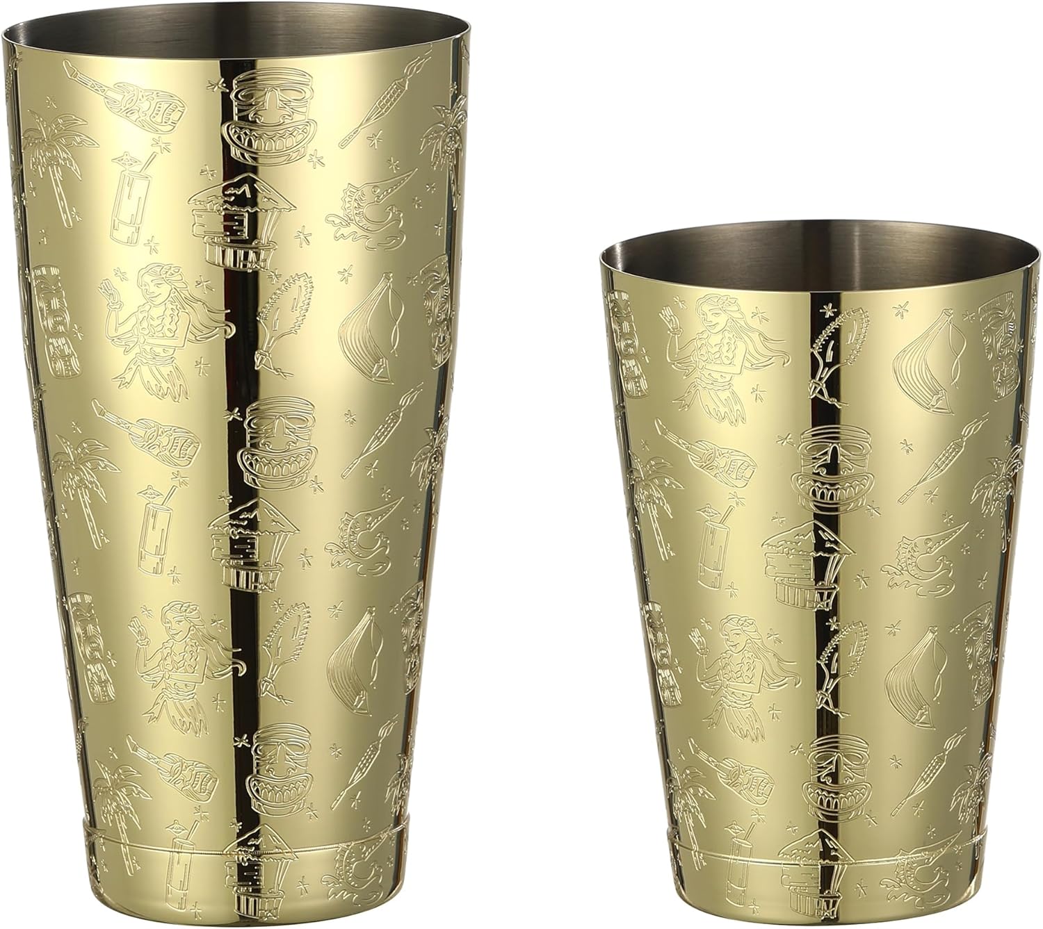 Weighted Boston Shaker Cocktail Shaker Etched with Tiki Imagery (Gold Tiki Graphic) - Image 2