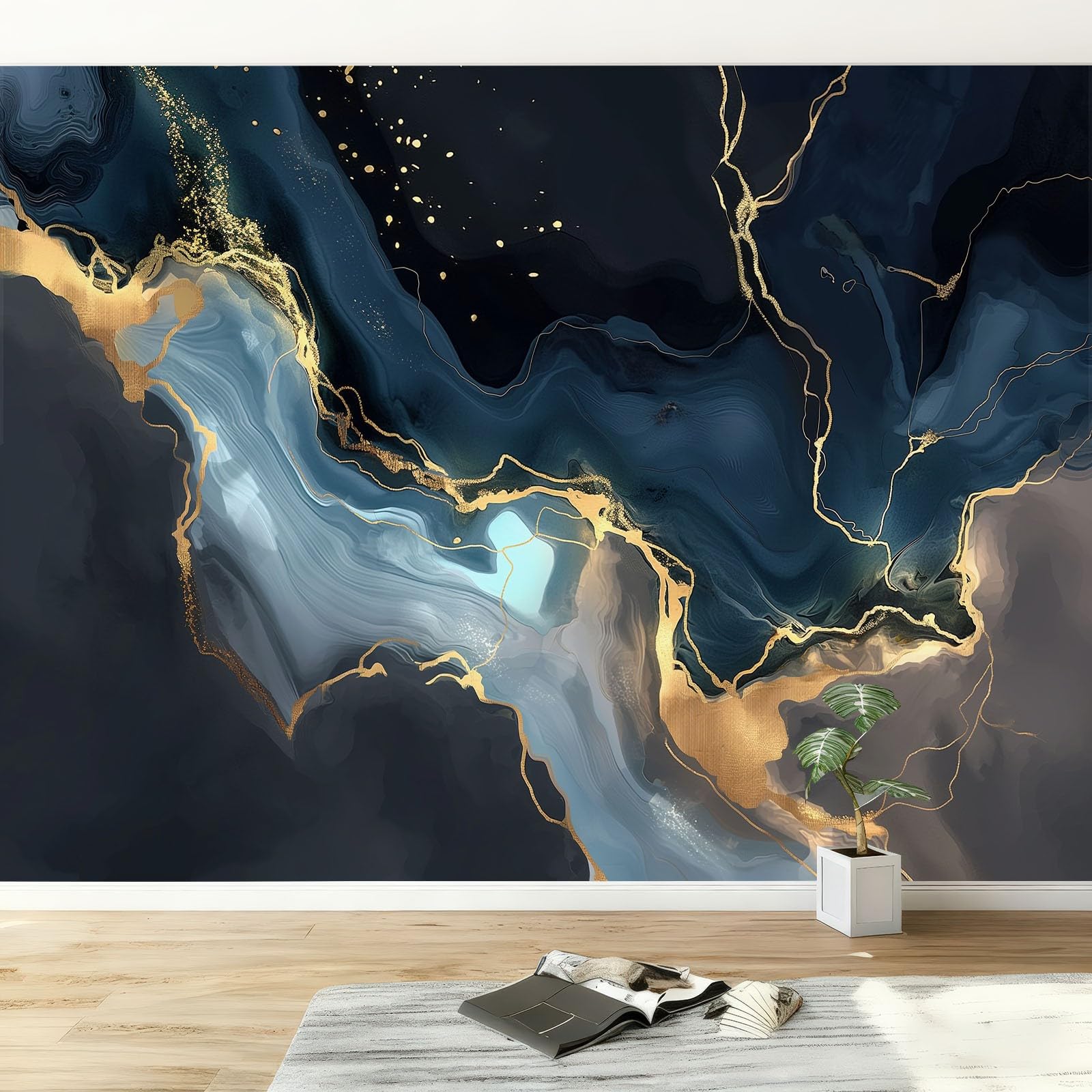 Deep Blue Non-Woven Wall Mural 400W x 280H cm, Abstract Fluid Marble Stripes Premium Photo Wallpaper Art Print - Bedroom Wall Mural Decoration Poster Picture Wallpaper Modern Design — image 1