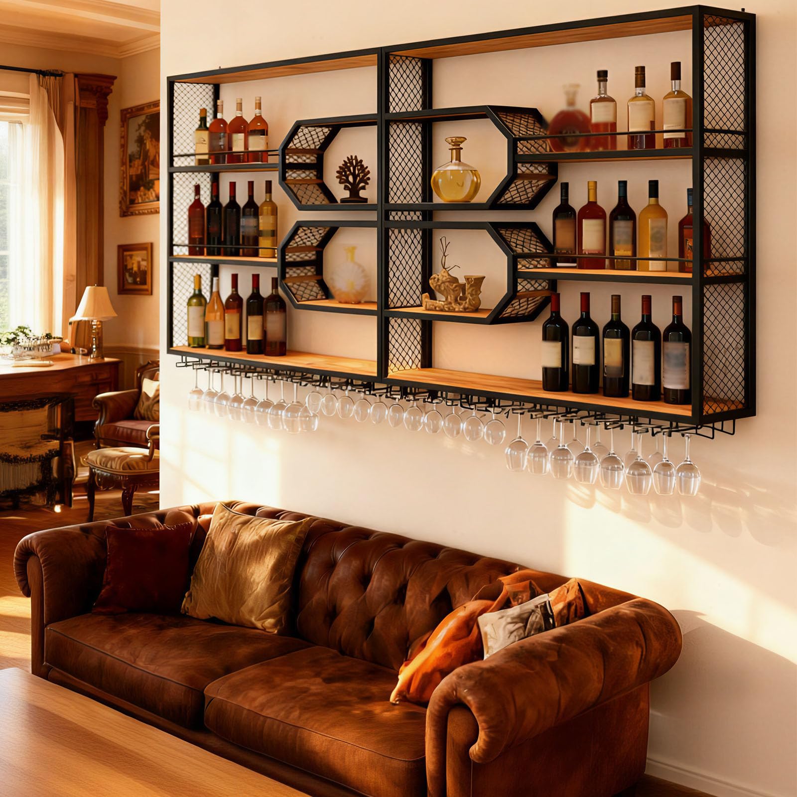 Modernes Wand-Weinregal, 3 Schicht Hängend Bar Regale Aufbewahrung mit Glashalter, Metall Wand montiert Wein Display Rack für Bars Restaurants und Küche (Schwarz, 300cm)