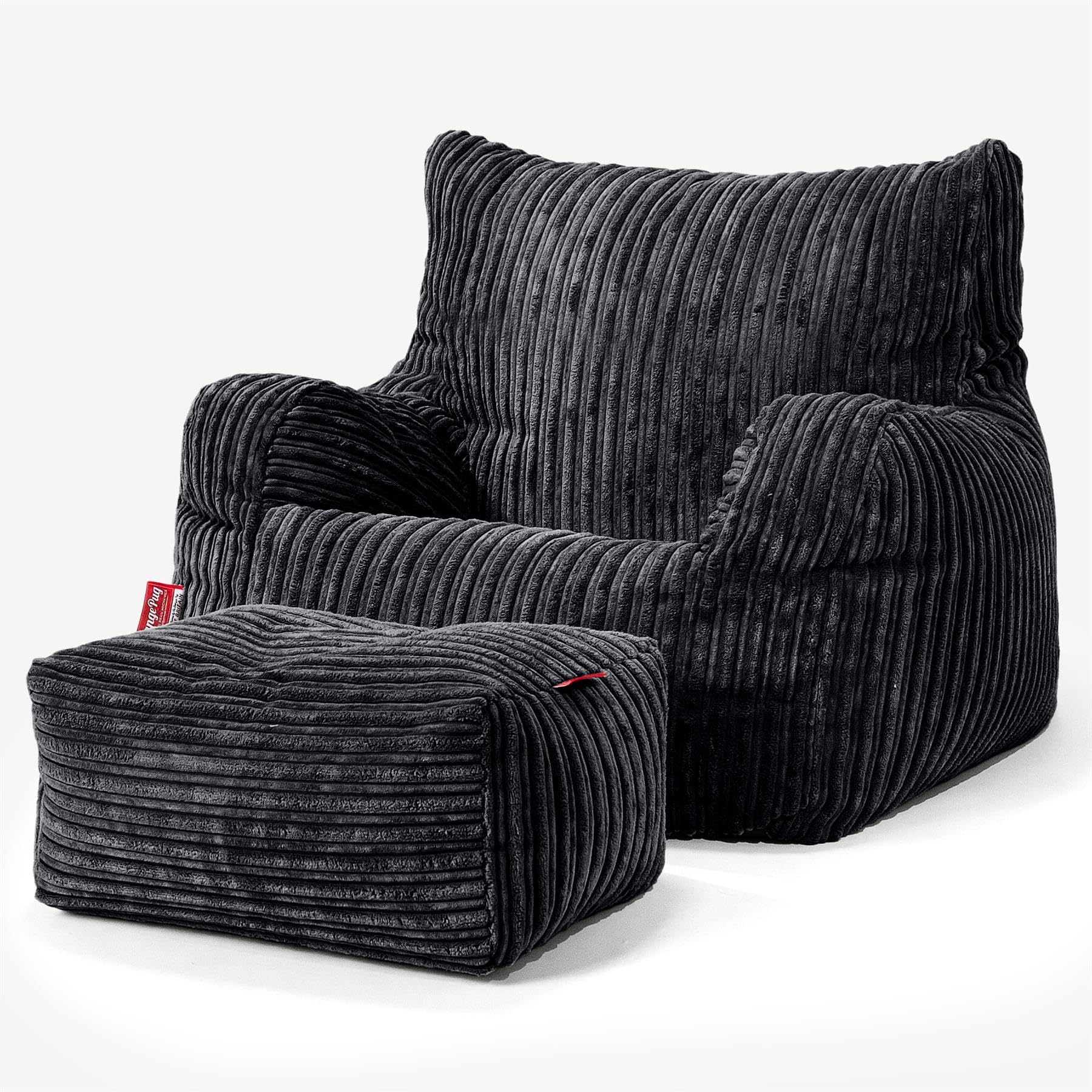 Lounge Pug Cord Fabric Armchair Bean Bag and Footstool Set for Living Room Lounge - Adult Beanbag Chair - Corduory Black