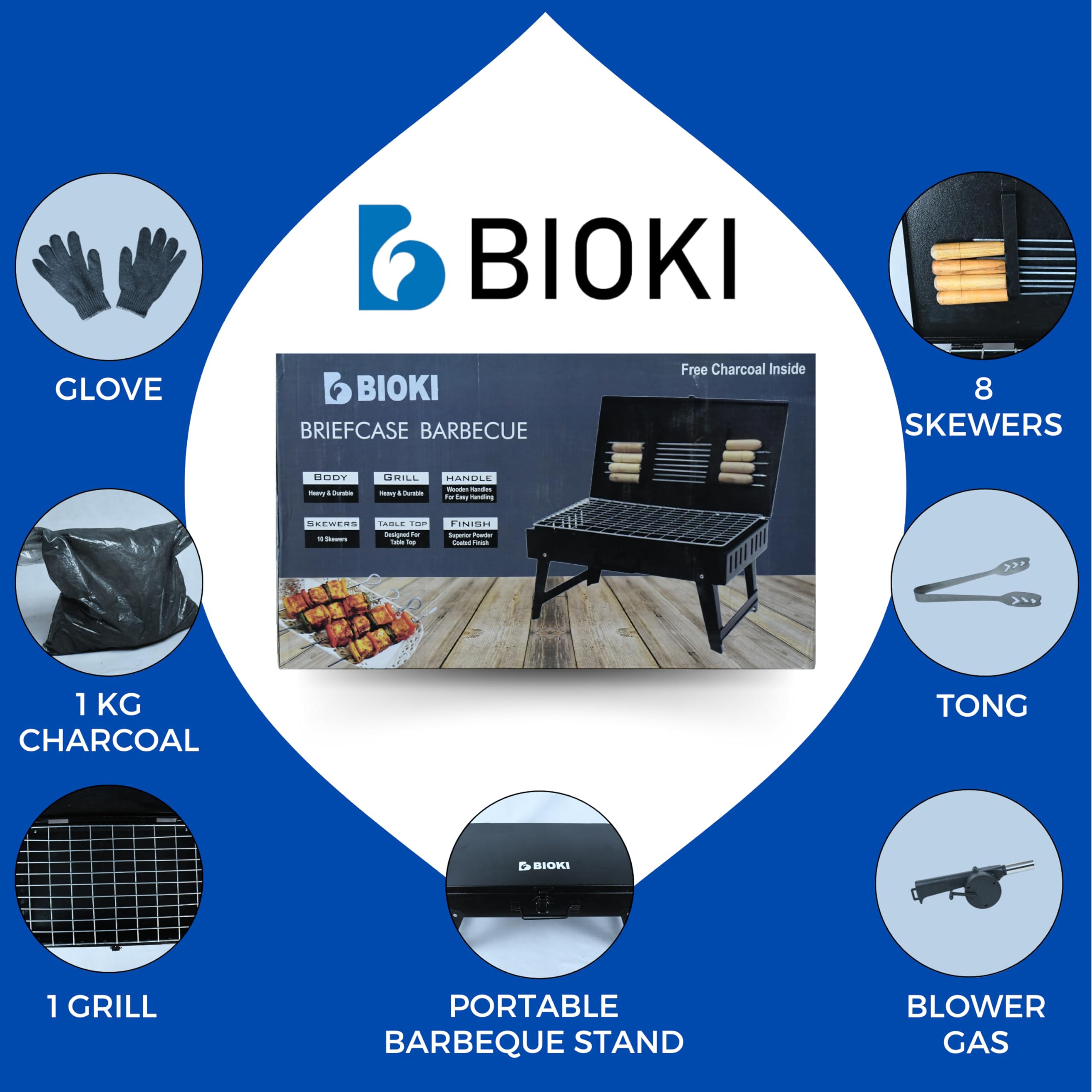 Bioki Ultimate Barbecue grill for Home | All-in-One Barbeque Grill Set & Tandoori Grill for Home - Complete Set for Perfect BBQ with Charcoal Tongs Gloves Air Blower for Perfect Outdoor cooking - Image 4 thumbnail