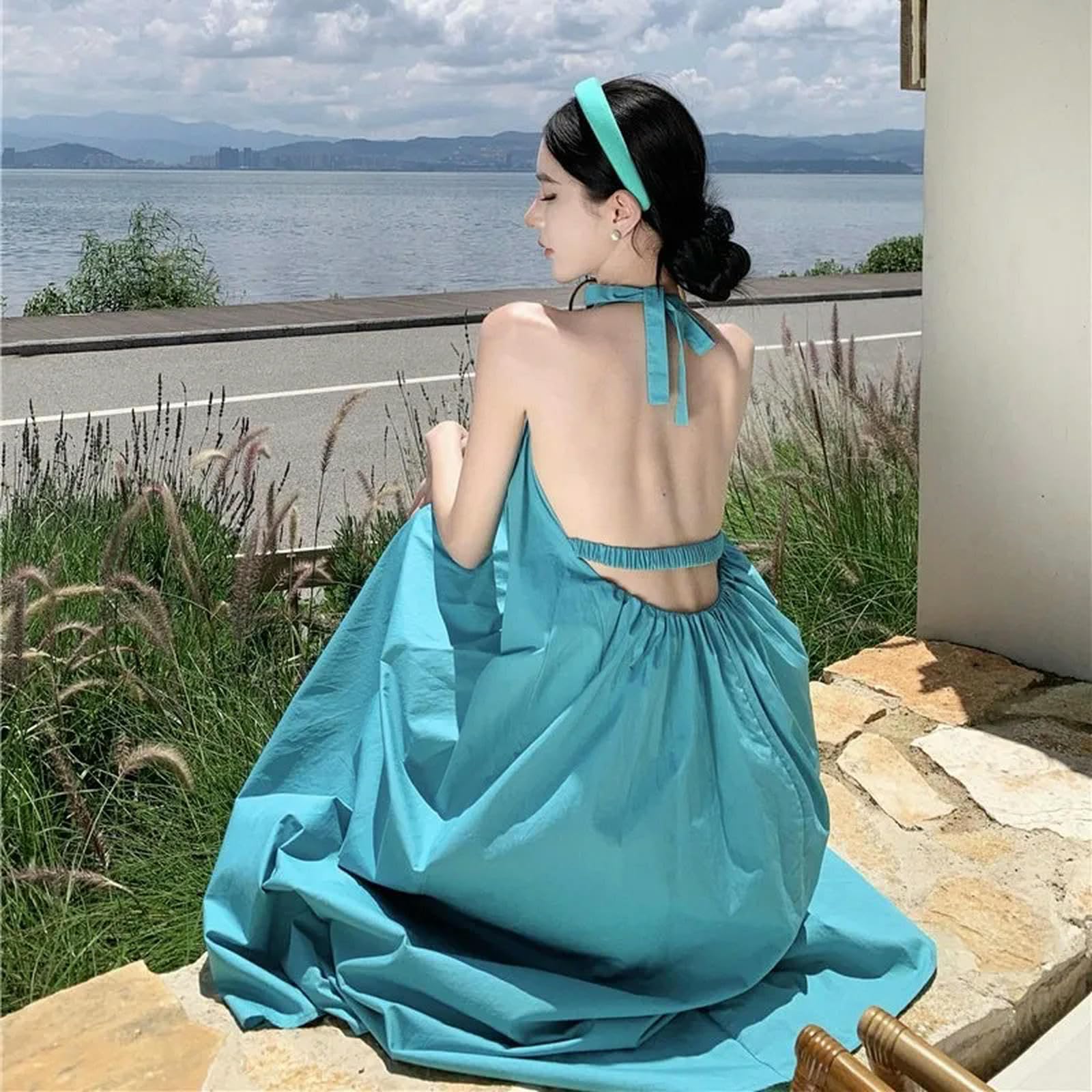Gonne da Donna Womens Sims Drest Holiday Style Halter Halter Deste Senza Schienale Donne Abito Estivo Abito Summer Midi Abiti Unici Sciolti