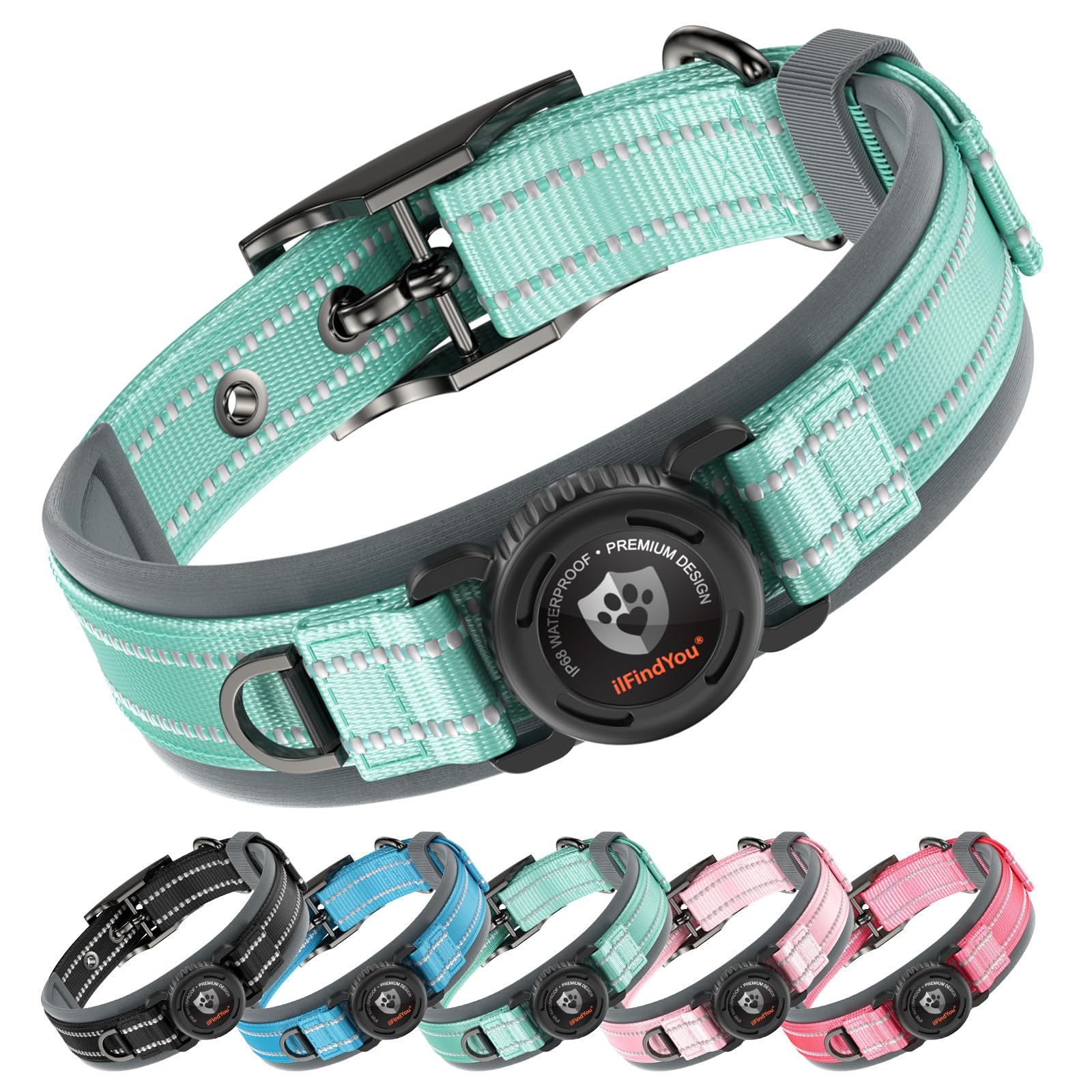 Collare per cani AirTag aggiornato con supporto, impermeabile e riflettente, collare per cani con imbottitura comoda allargata e fibbia in metallo ultra resistente, regolabile per cani di