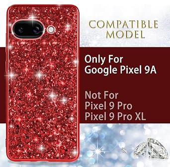 Silicone Case for Google Pixel 9A 5G Phone Case Glitter Sparkle Bling, Hybrid Matte Back Case High Impact Heavy Duty Shockproof Protective Cover for Google 9A Cute Case for Women 6.3-inch (Red)