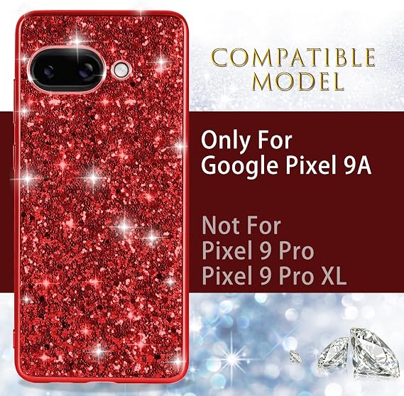 Silicone Case for Google Pixel 9A 5G Phone Case Glitter Sparkle Bling, Hybrid Matte Back Case High Impact Heavy Duty Shockproof Protective Cover for Google 9A Cute Case for Women 6.3-inch (Red)
