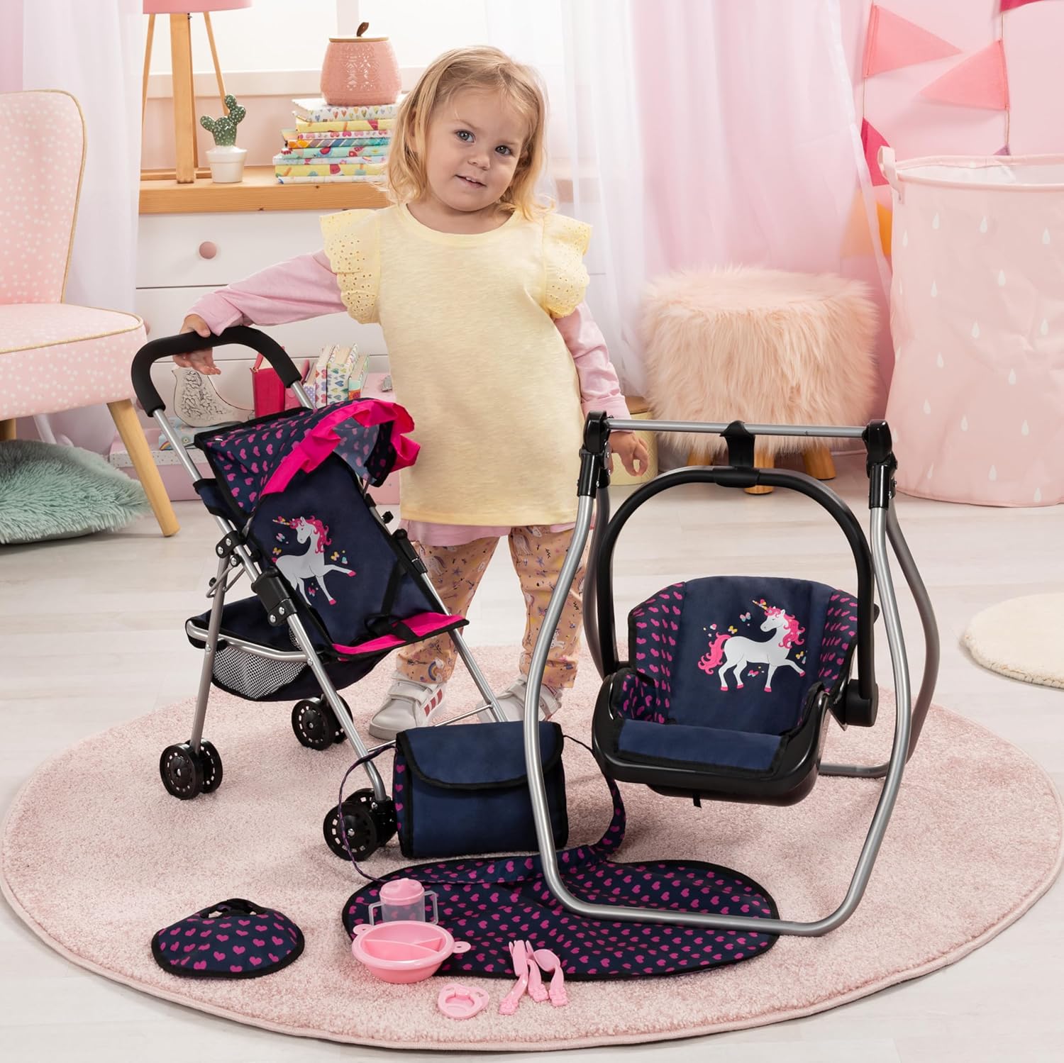 Bayer: 11 Piece Stroller Set - Navy, Pink, Hearts, Unicorn - Swing, Bag, Changing Mat, Feeding Accessories for Dolls, Kids Toy, Ages 3+