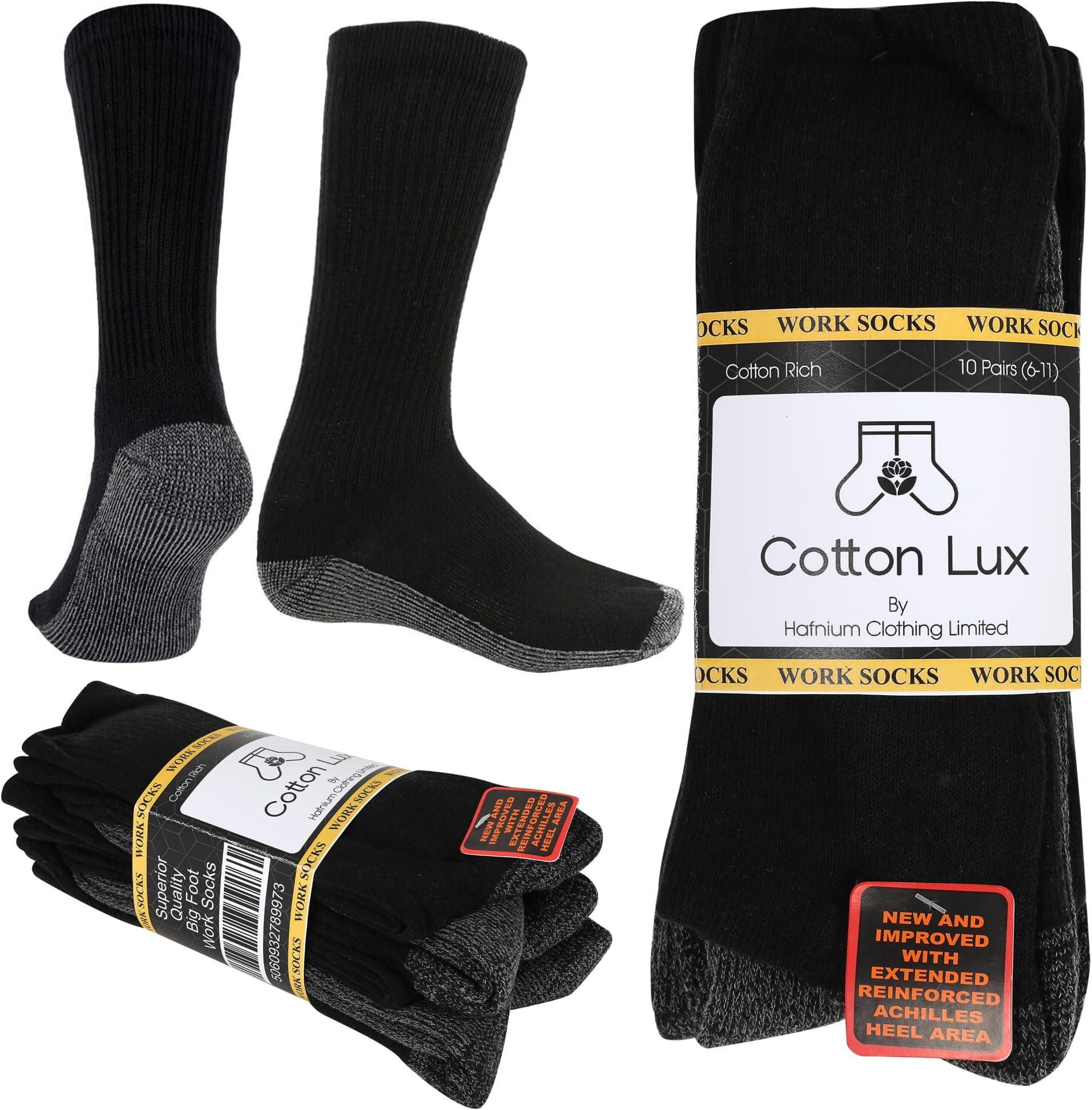 10 Pairs-Men's Work Socks Fully Cushioned Heavy Duty Black Size UK 6-11