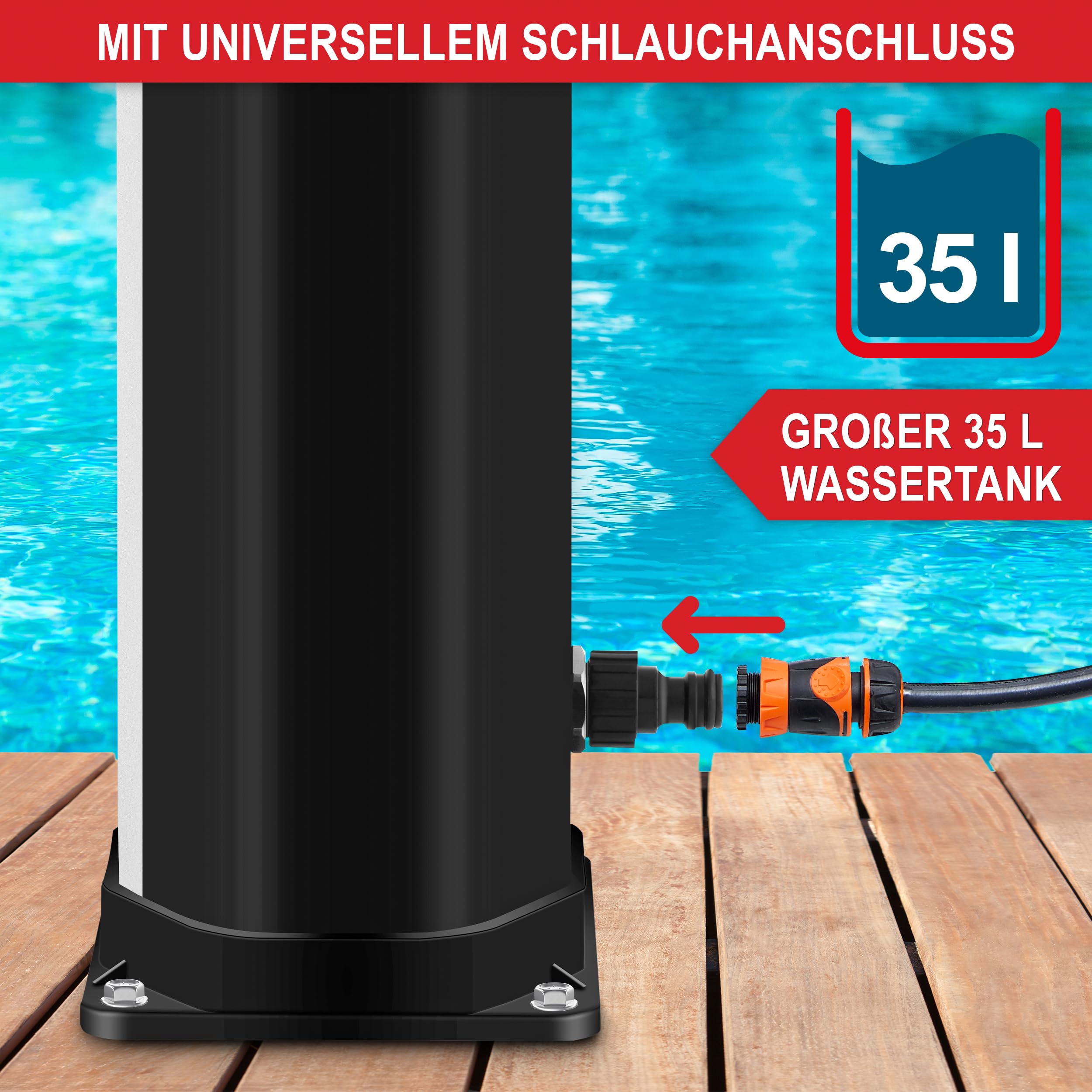 Onbest 35 Liter Solardusche Garten mit Regenschutz – Zusätzlicher Wasserhahn und integriertes Thermometer – 60°C – Warm - Kalt - Regler – Outdoor Gartendusche für Garten, Balkon & Pool – Solar Shower