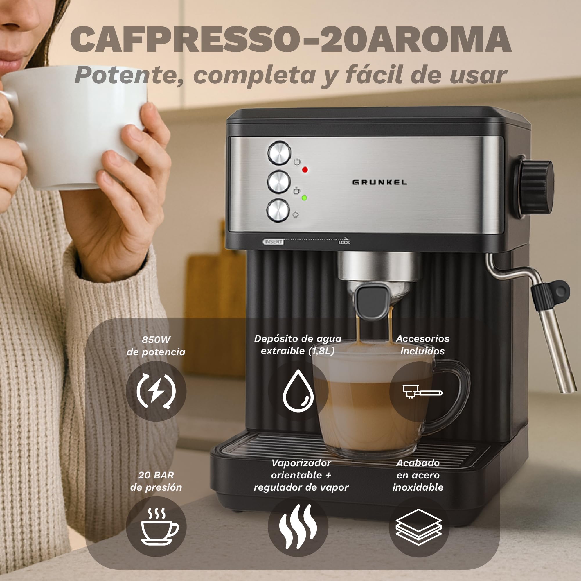 Grunkel Cafetera Espresso de 20 Bares, 850W, Panel Táctil/analogico con vaporizador orientable y brazo doble salida Depósito 1,8L (Analógica)