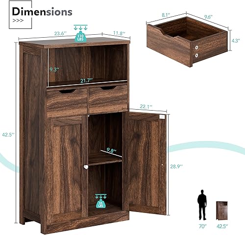 Miniatura 3 de Vongrasig Armario de almacenamiento de baño, armario de despensa independiente con 2 cajones y estantes ajustables, organizador de almacenamiento de