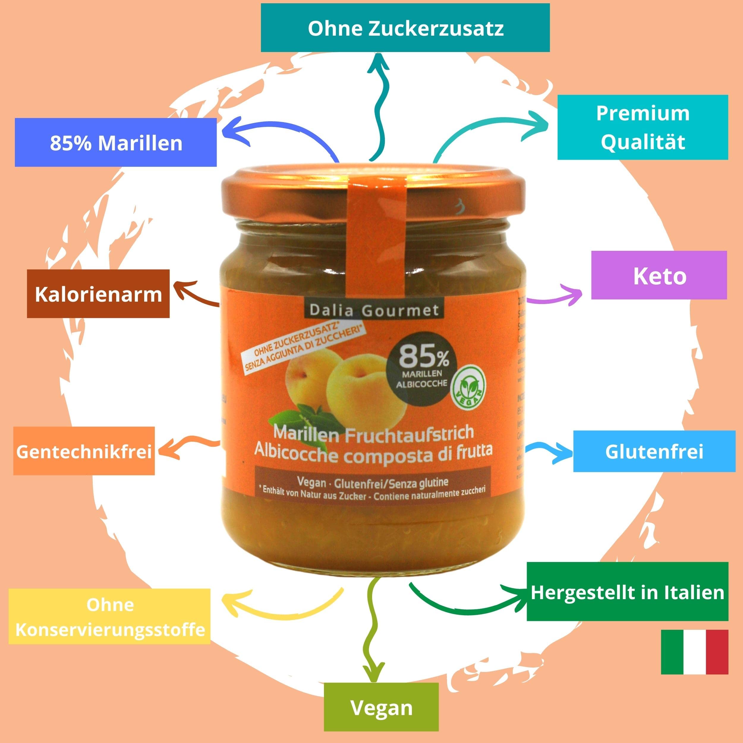 Dalia - Composta di frutta 85% | Senza aggiunta di zuccheri con ERITRITOLO - STEVIA | Prodotto artigianale italiano | 4 pezzi da 220 g | Albicocche