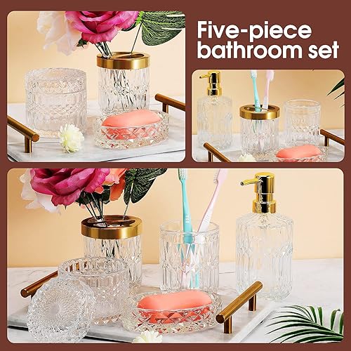 Miniatura 10 de Juego completo de 5 accesorios de baño de vidrio, dispensador de loción, jabonera, soporte para cepillos de dientes, vaso, frascos de hisopos de