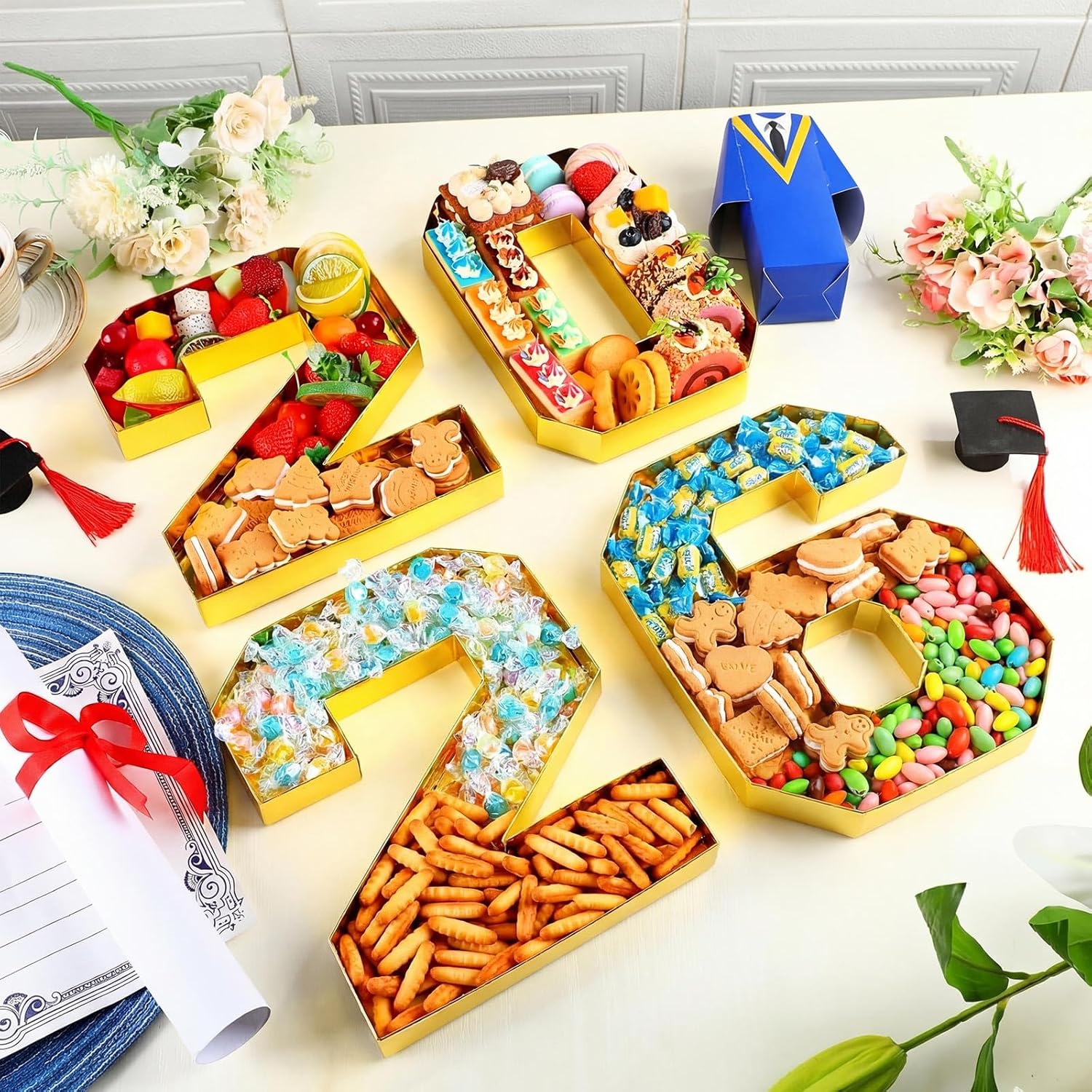 4 Pcs 2026 Graduation Fillable Numbers for Charcuterie Class of 2026 Cardboard Number Grad Charcuterie Board Serving Trays Graduation Food Box for Tray Party Supplies(Gold)