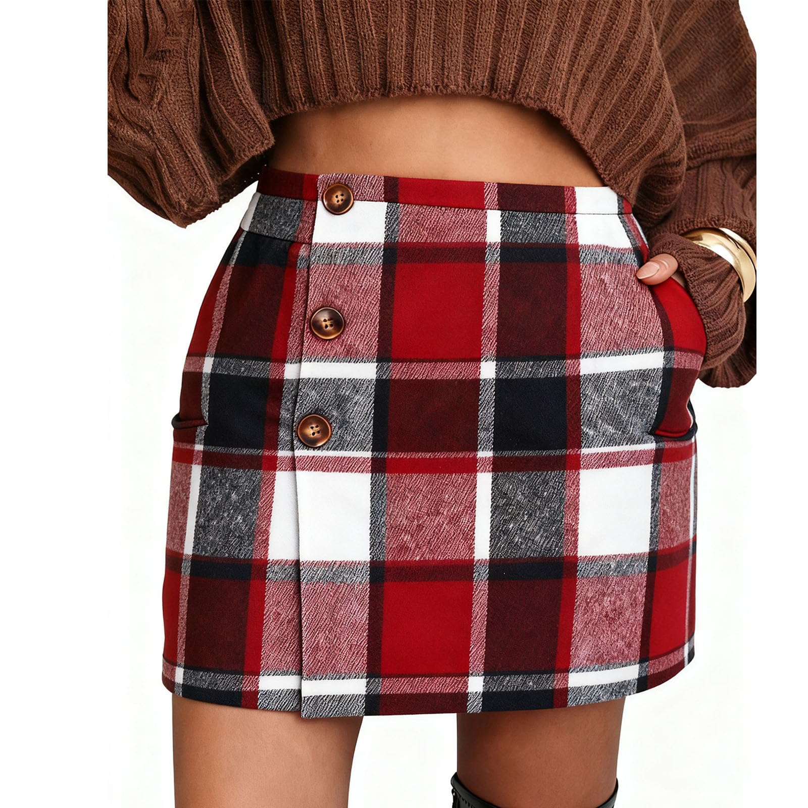 HGps8w Vintage Wool Plaid Mini Skirt for Women High Waisted Stretchy Bodycon Business Casual Pencil Skirts with Pockets