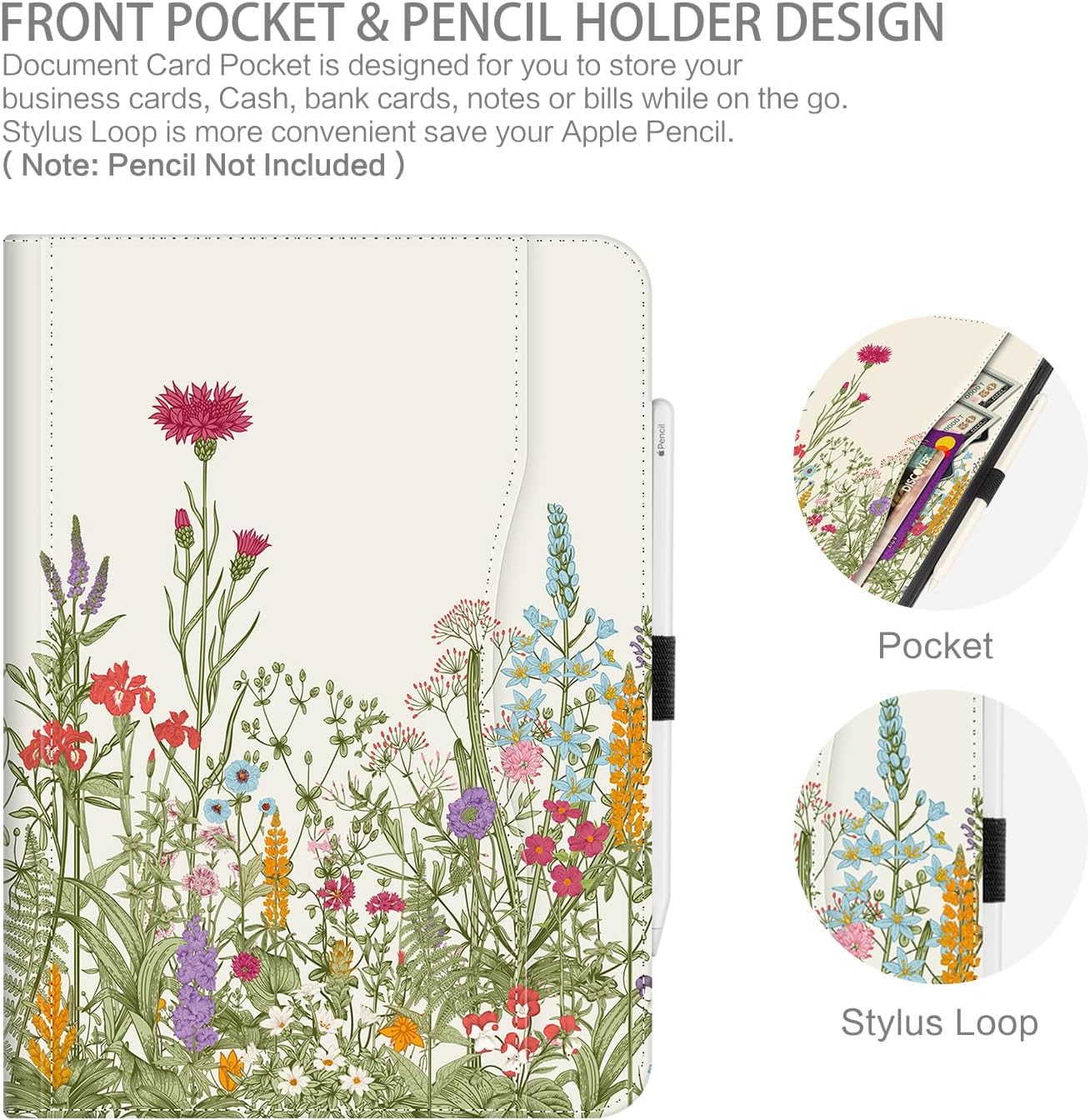 iPad Air 13 inch Case (M3/M2) 2025/2024, iPad Pro 12.9 inch 6th/5th/4th/3rd Generation Folie Case with Pencil Holder Multi-Angle Adjustable Stand Shockproof Pocket/Hand Strap/Auto Wake Sleep, Flowers - Image 4