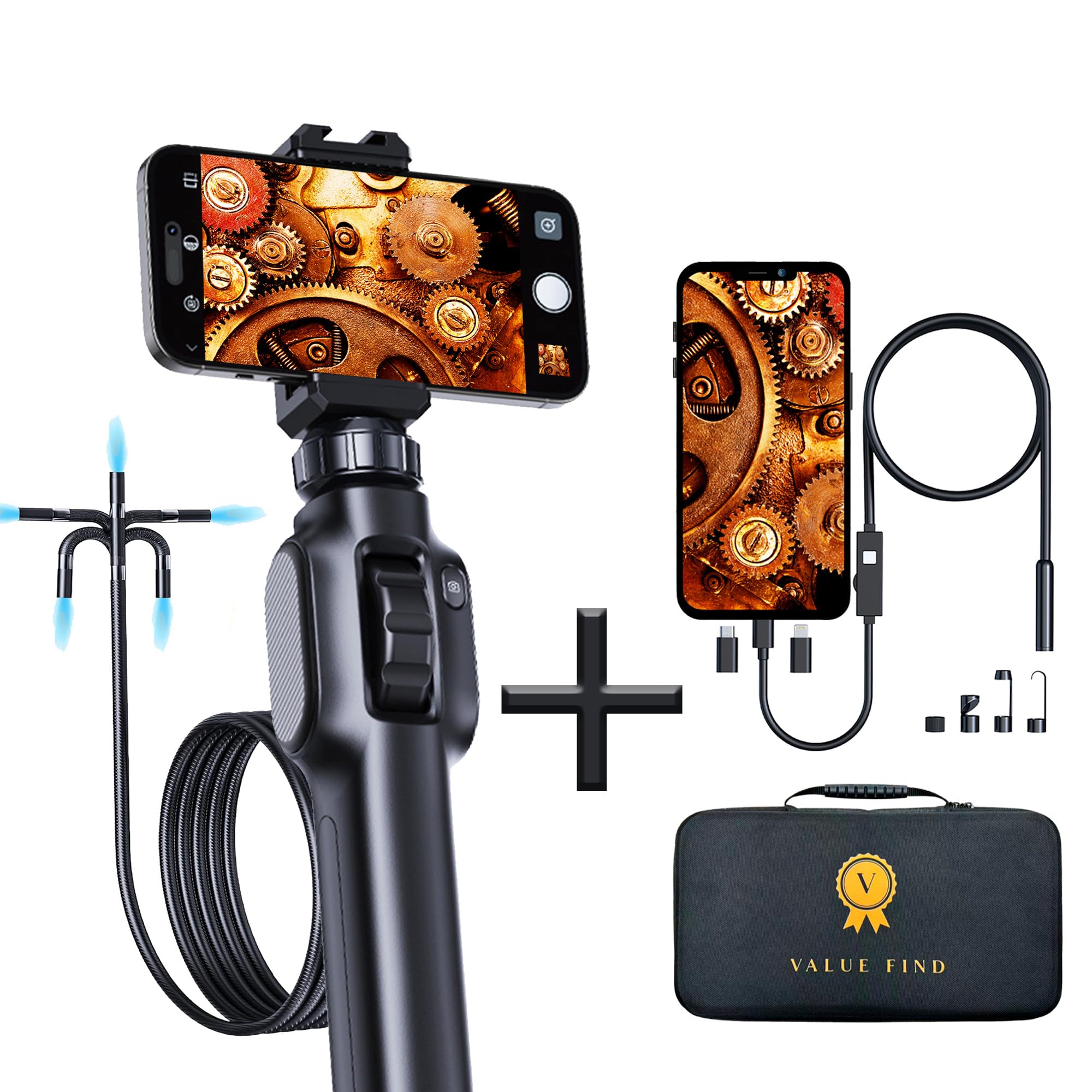 Cámara endoscopica inspección orientable 360º Uso Industrial 1920P Equipado con 8 Leds Cable semirrígido de 1,5 m + endoscopio 5 Metros hurón para canalización mecánica Compatible con Android/iPhone