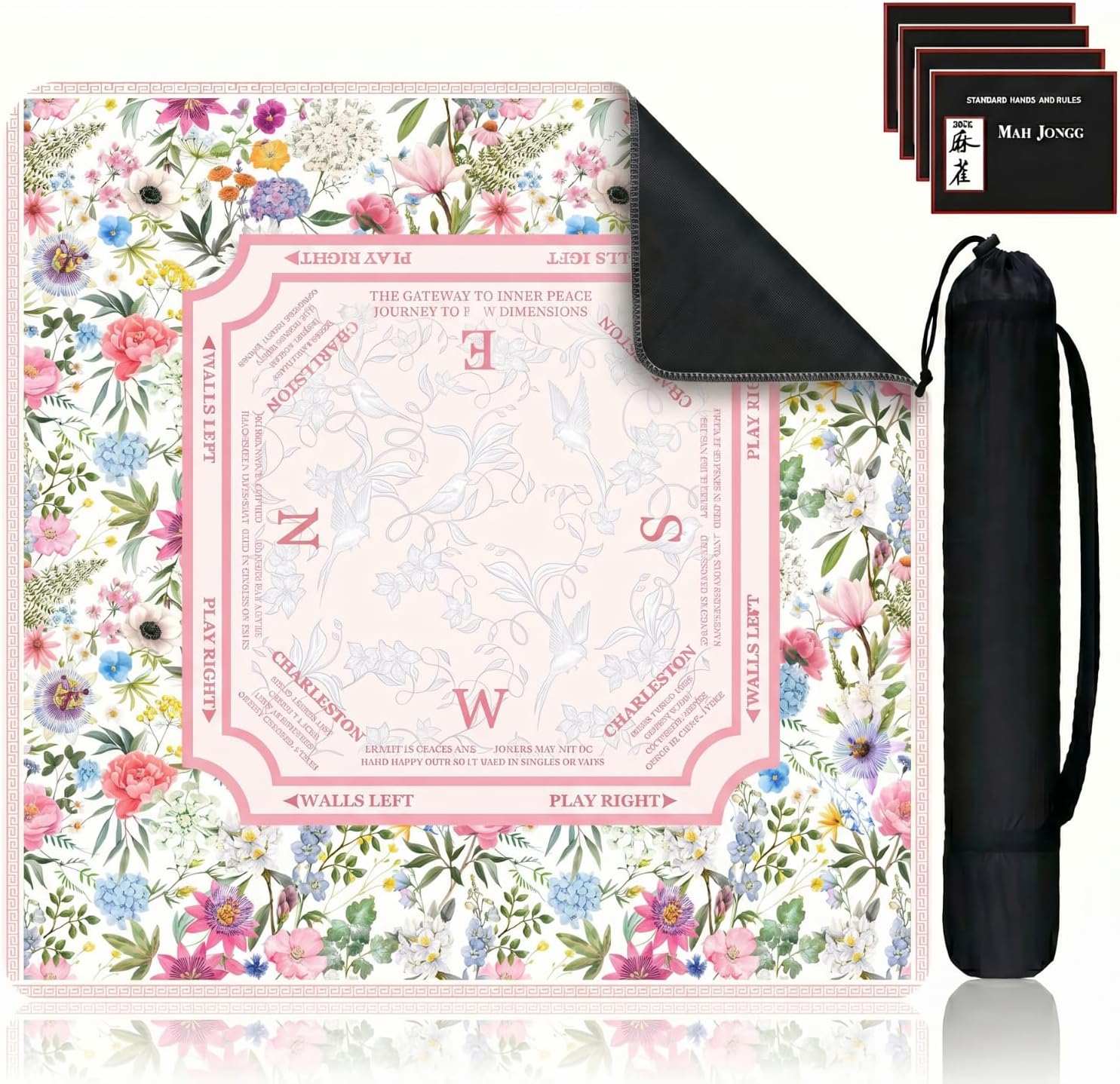 Pink Mahjong Mat for Table, American Mahjong Table Mat with Rules & Bag, Mahjong Gifts, Non-Slip Neoprene Travel Mahjongs Tables Cloth for Poker, Board Card Games, 32.4x32.4 Inch(24)