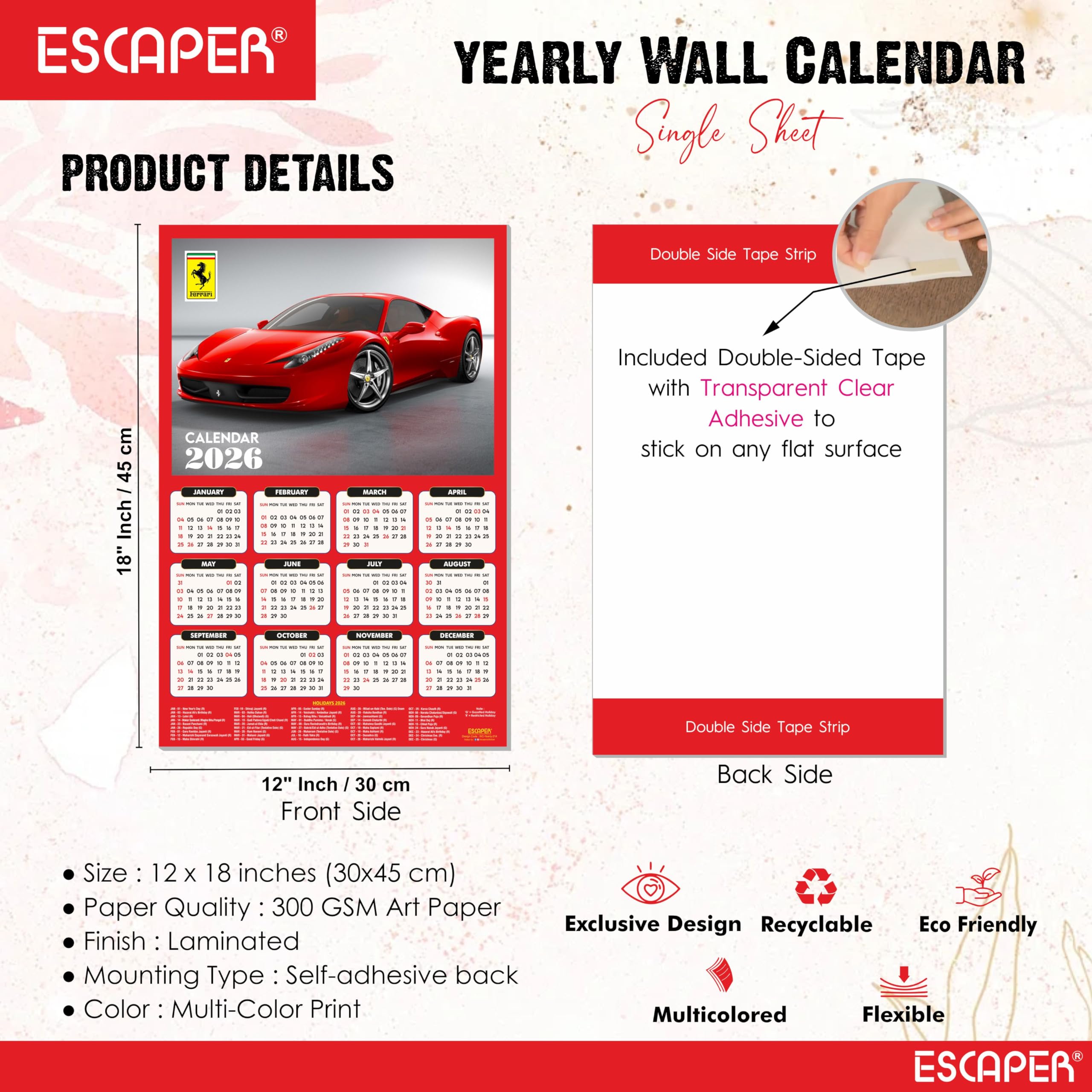 ESCAPER Calendario de pared de coche 2026 - 45 x 30 cm, decoración de pared de coche deportivo y automóvil, calendario colgante grande para decoración de habitación y hogar