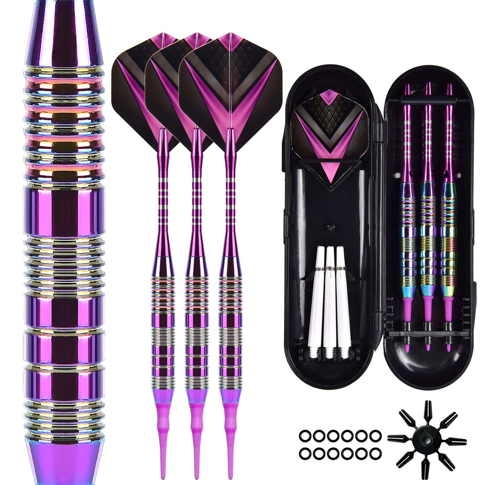 Dardos con punta de plástico de 21 gramos, juego de 3 dardos profesionales blandos, accesorios para dardos electrónicos con caja de almacenamiento (morado)