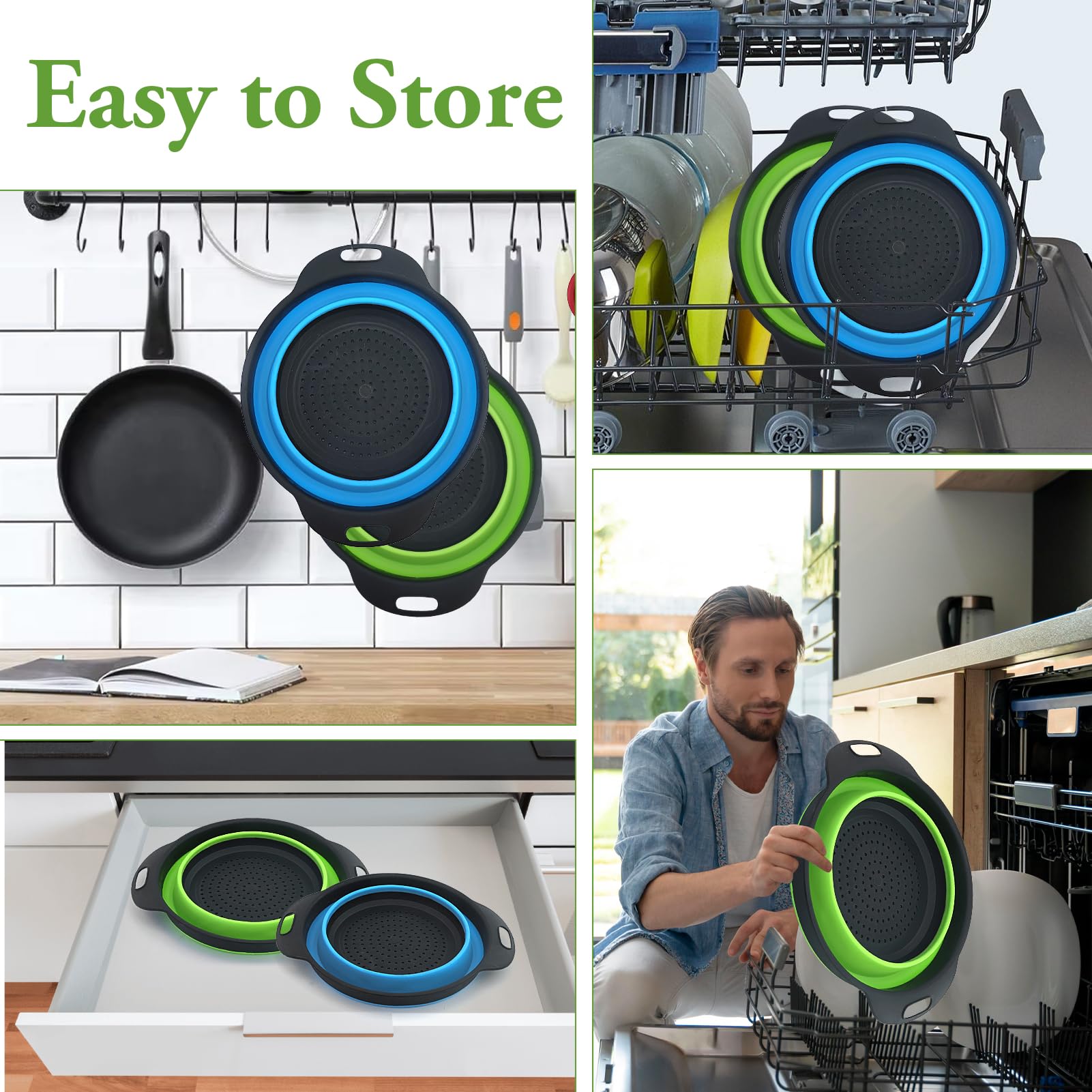 Set 2 Pezzi Grande Scolapasta in Silicone Pieghevole, Blu e Verde, Cucina Pieghevole sopra Il Lavandino del Silicone Colander/Setacci, Lavabili in Lavastoviglie(28.5CM)