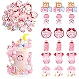 60 PCS Edible Oh Baby Cupcake Toppers Pacifier Cloud Moon Star Welcome Baby Girl Cupcake Picks Edible Baby Shower It's a Girl Cake Decorations for Baby Shower Girls Birthday Party Supplies Pink